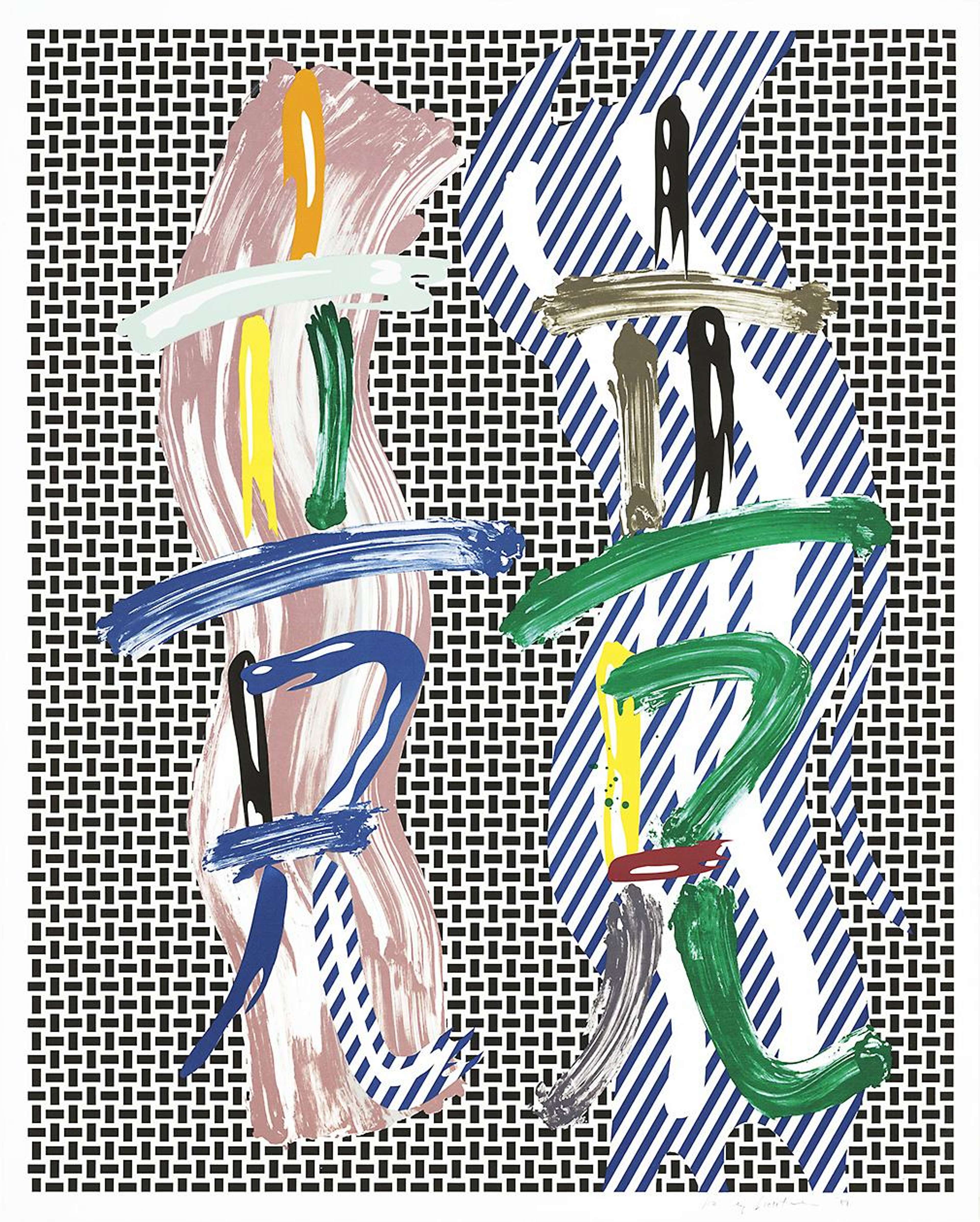 Une image de l'estampe « Brushstroke Contest » de Roy Lichtenstein. Elle présente des traits de pinceau pastel qui s'entrecroisent pour former les caractères chinois du mot « contest » (concours), sur un fond à motifs.