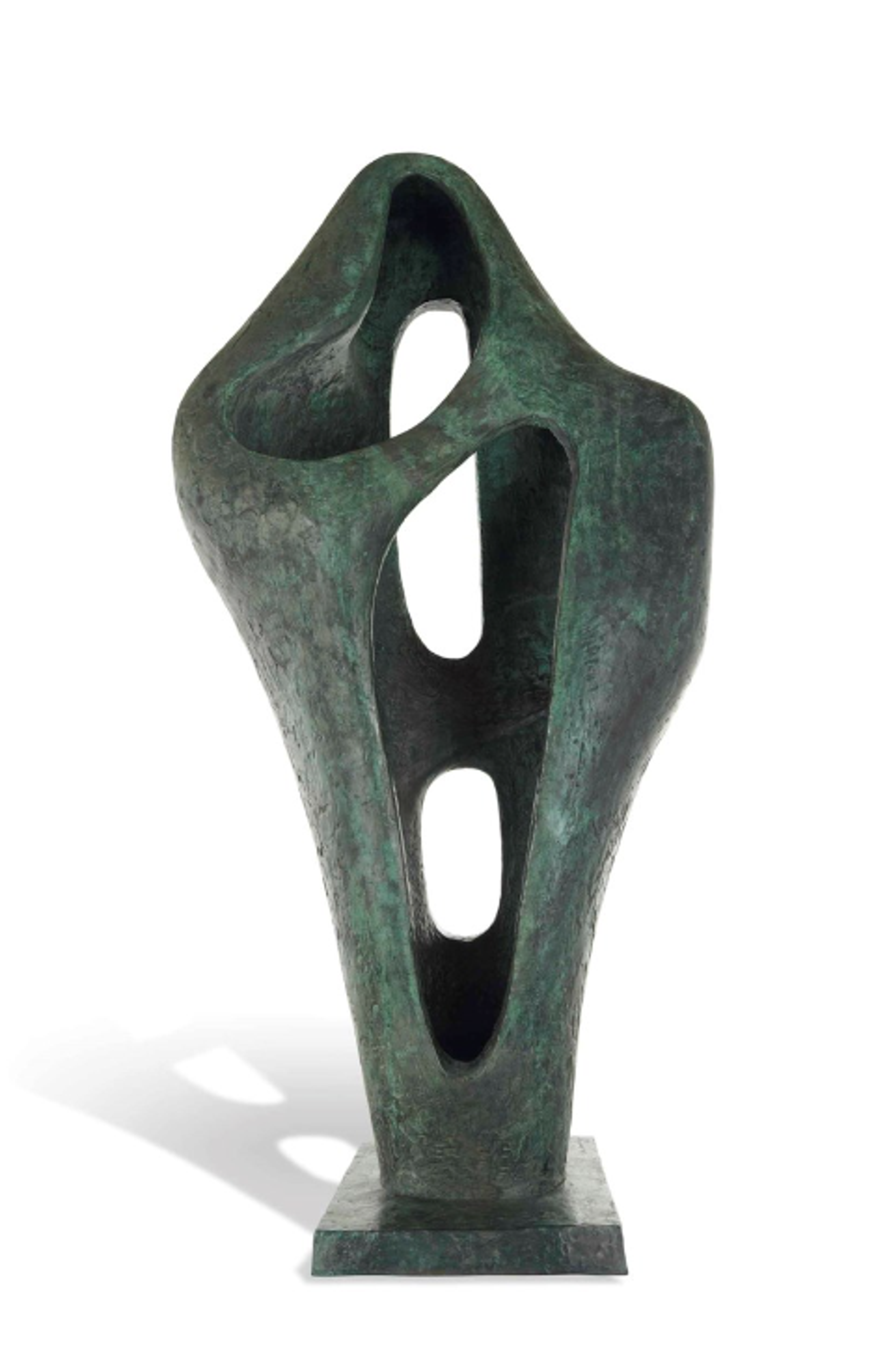 An organic, flowing bronze form resembling a stylised figure. The sculpture features smooth, curved surfaces with elongated vertical openings that create dramatic negative space through the centre of the piece. The bronze has developed a deep green-black patina, giving it a mysterious, primordial quality.