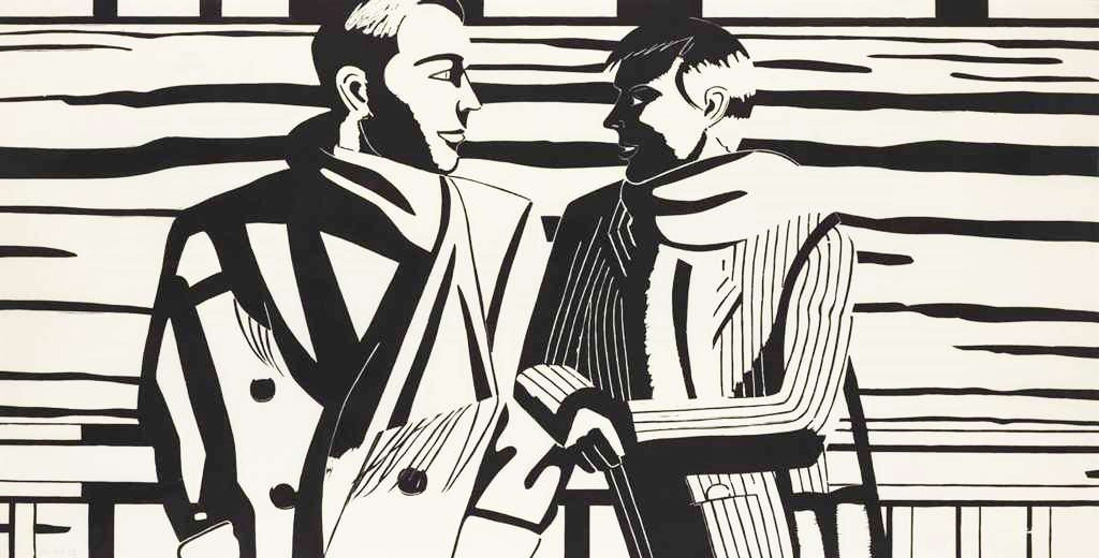 Black and white woodcut of two men looking at eachother