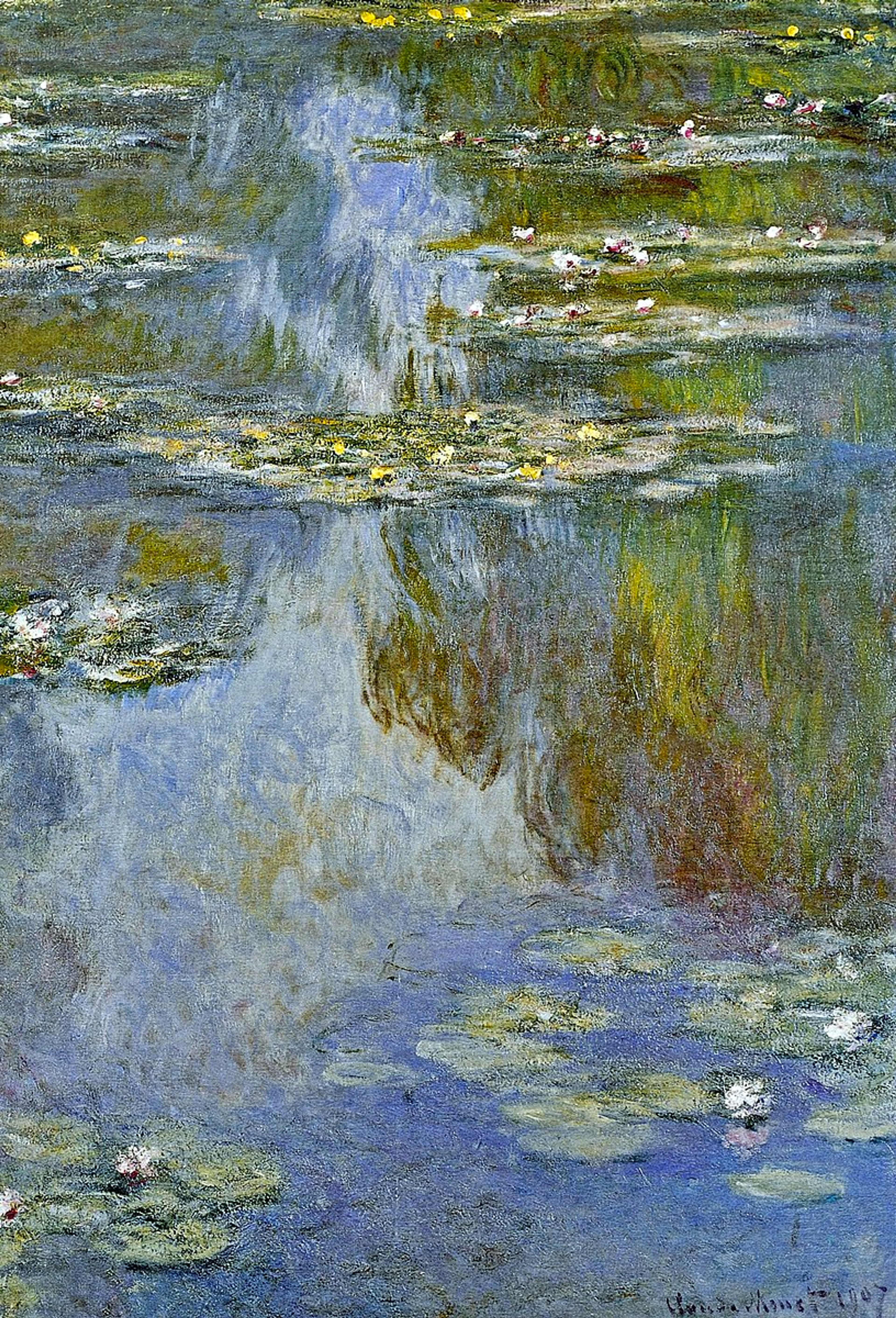 Une image de l'une des célèbres « Water Lilies » de Monet, montrant le ciel se reflétant sur un étang rempli de nénuphars. Le tableau fait partie de la série « The Pond ».