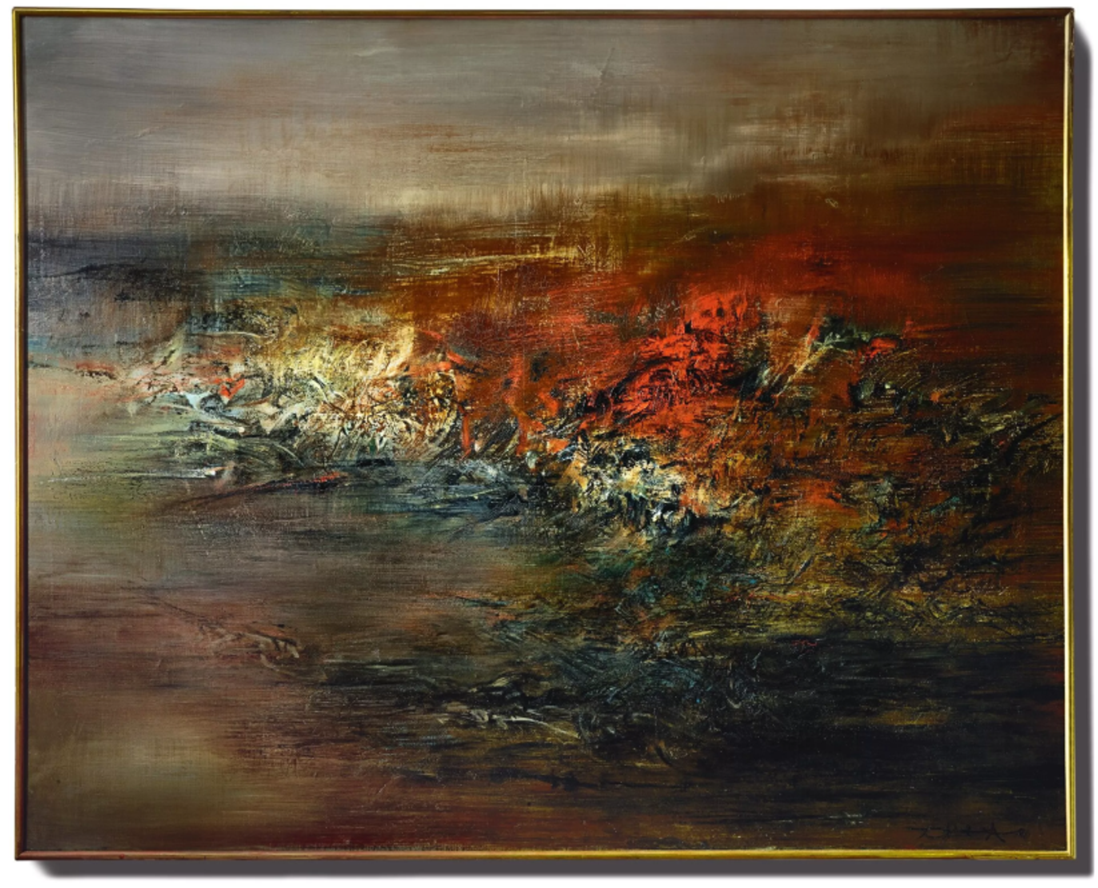 An abstract oil painting featuring rich earth tones with splashes of green, red, and yellow. The composition shows gestural brushwork creating an atmospheric, landscape-like quality with dynamic movement across the canvas.