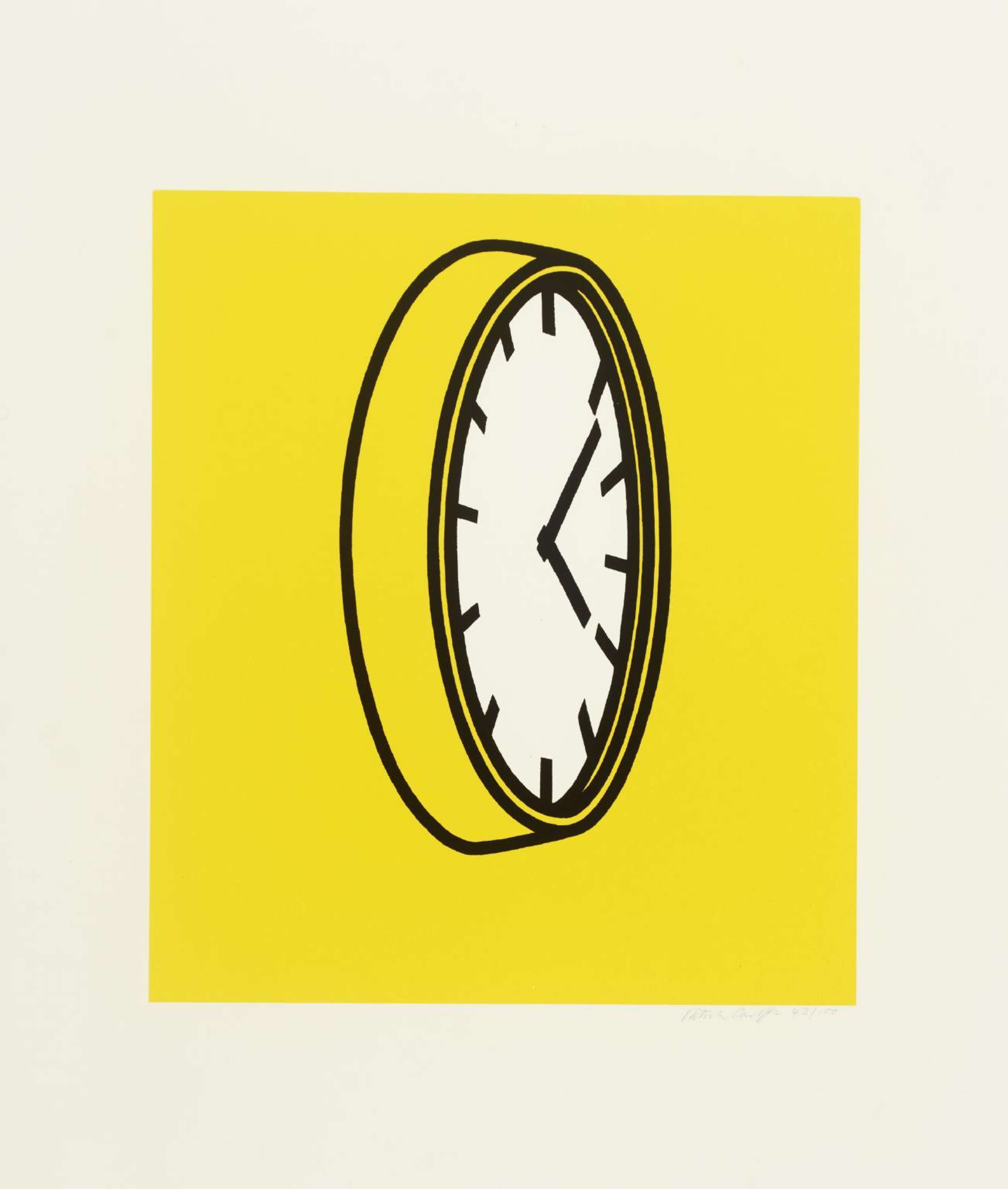 Une image de l'estampe « Crying to the walls: My God! My God! Will she relent? » de Patrick Caulfield : une horloge murale monochrome vue de profil, sur un fond jaune vif.
