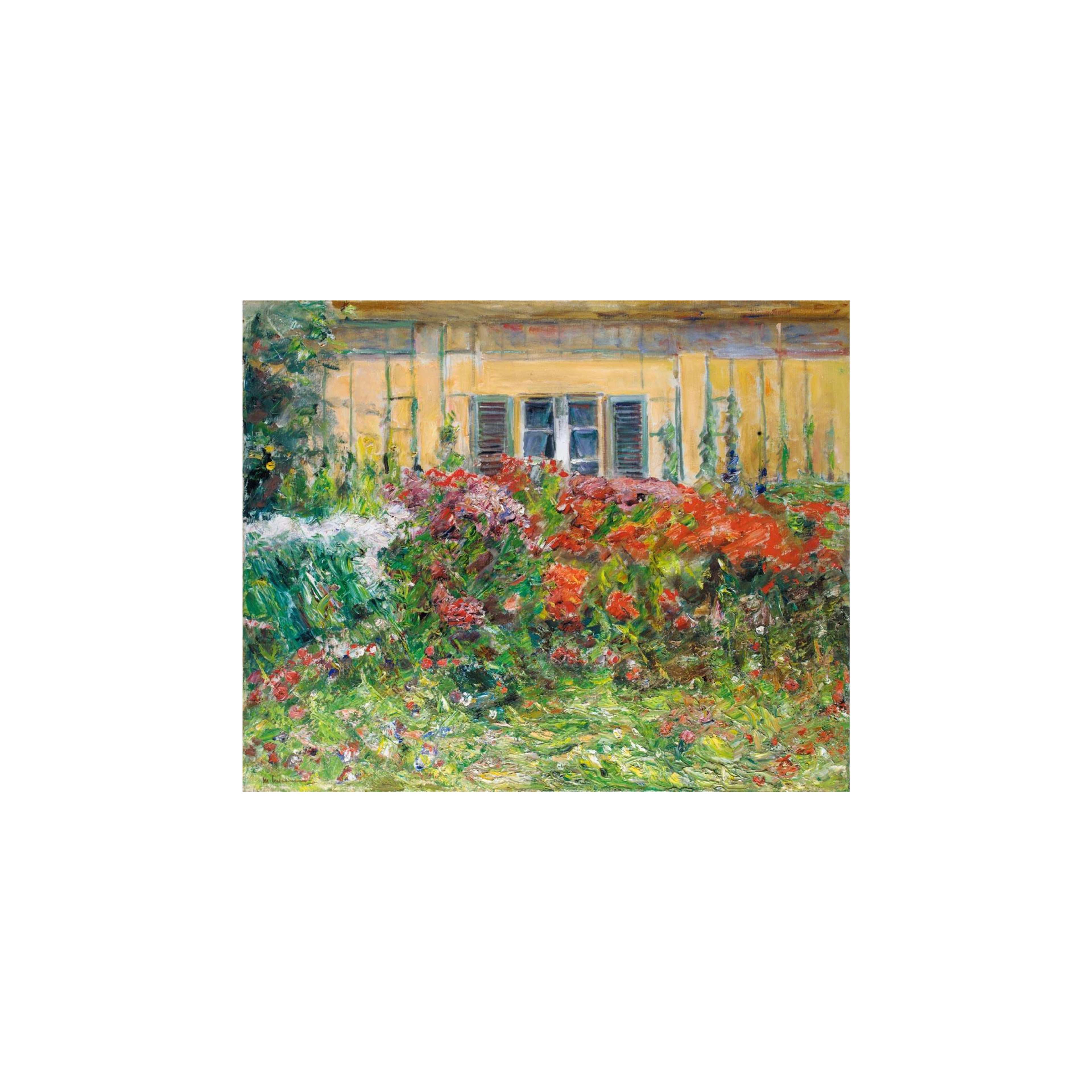 A painting of a vibrant garden scene showing lush flower beds with colourful perennials in front of a gardener’s house, bathed in natural light.
