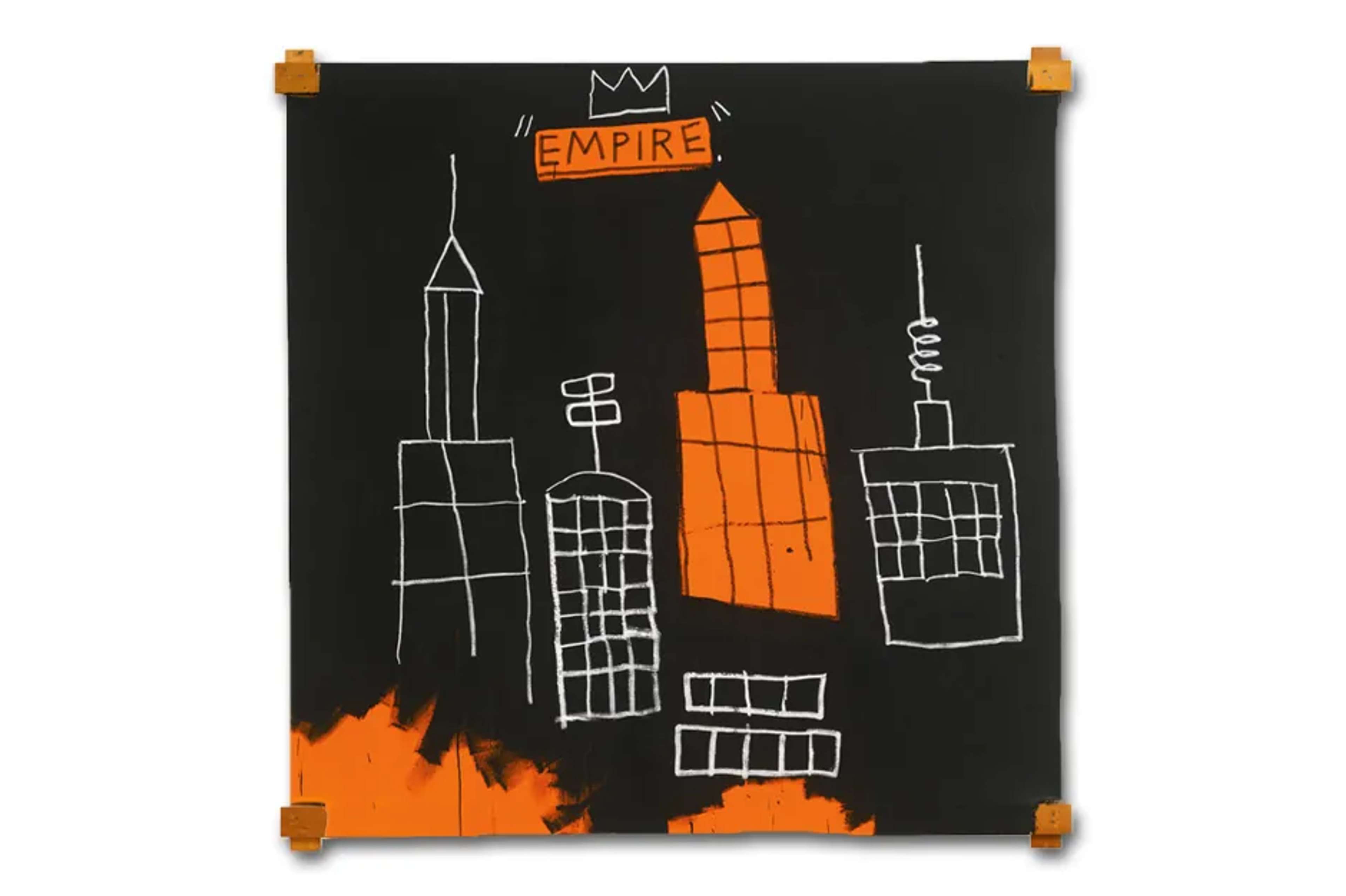 Le Mecca de Jean-Michel Basquiat. Une peinture néo-expressionniste représentant la version de l'artiste de l'Empire State Building. Un immeuble est orange, les autres sont esquissés en White sur un fond Black. Le texte « empire » se lit dans le centre supérieur de la peinture, surmonté du contour d'une couronne.