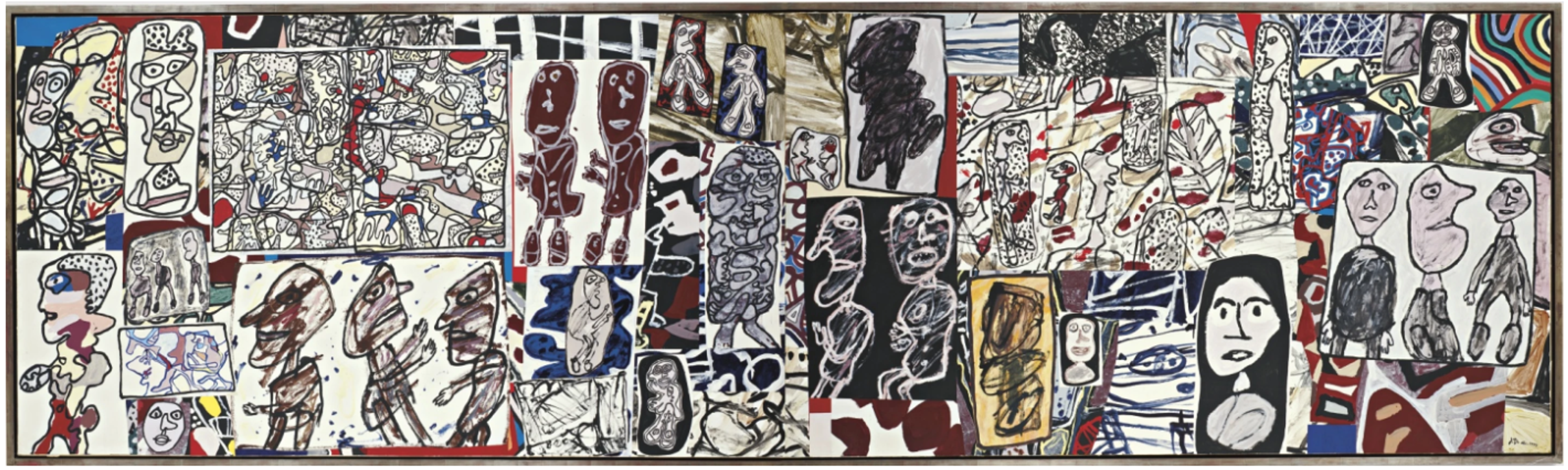 A wide, horizontal artwork featuring densely packed mixed media elements in predominantly gray tones with occasional splashes of color. The chaotic composition includes text fragments, abstract marks, and distorted portraits within a framed presentation.