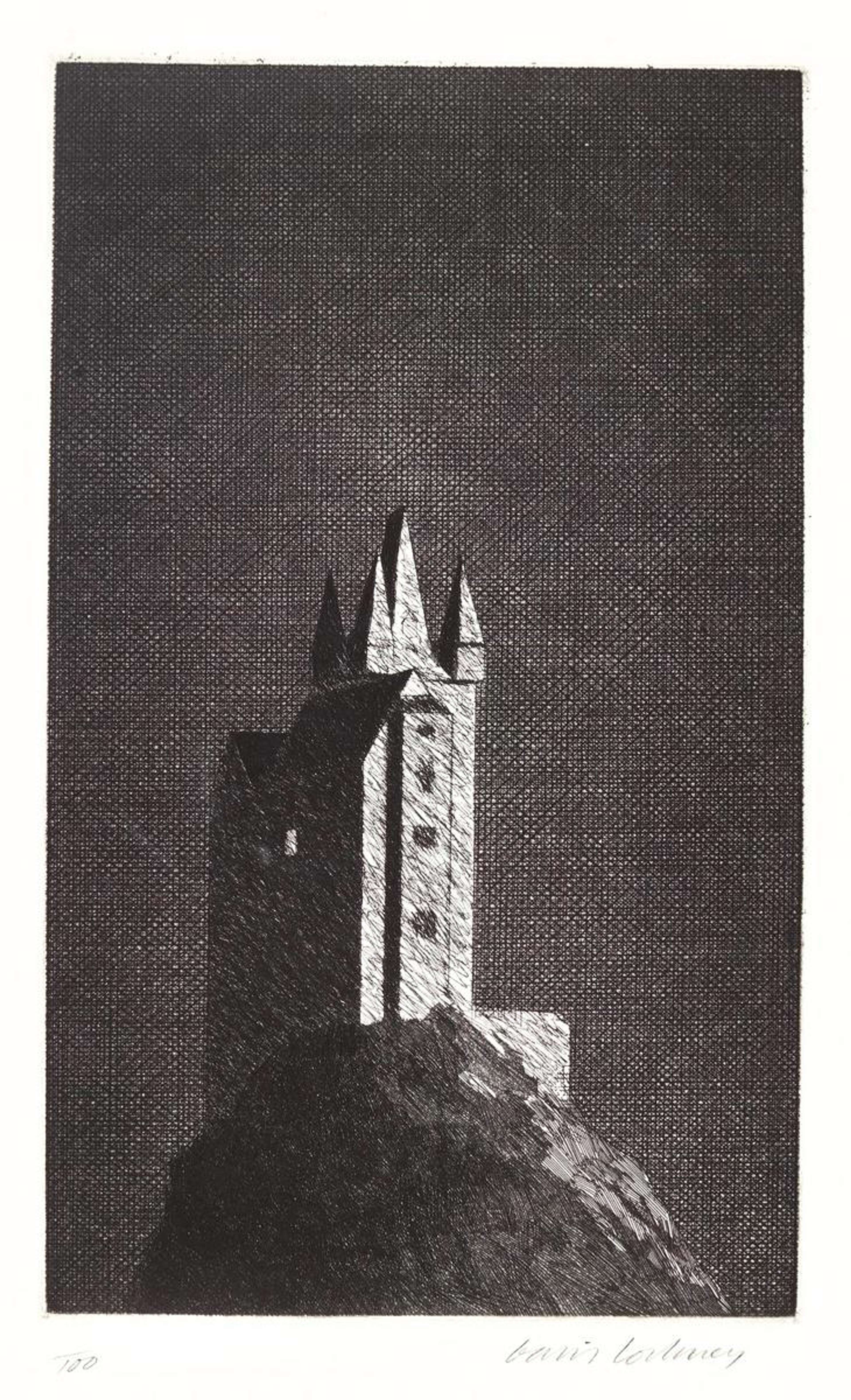 Sur un fond sombre de hachures croisées, un château avec une haute tourelle, des flèches pointues et des fenêtres étroites se dresse seul sur une butte floue, le tout dessiné dans un gris ombré.
