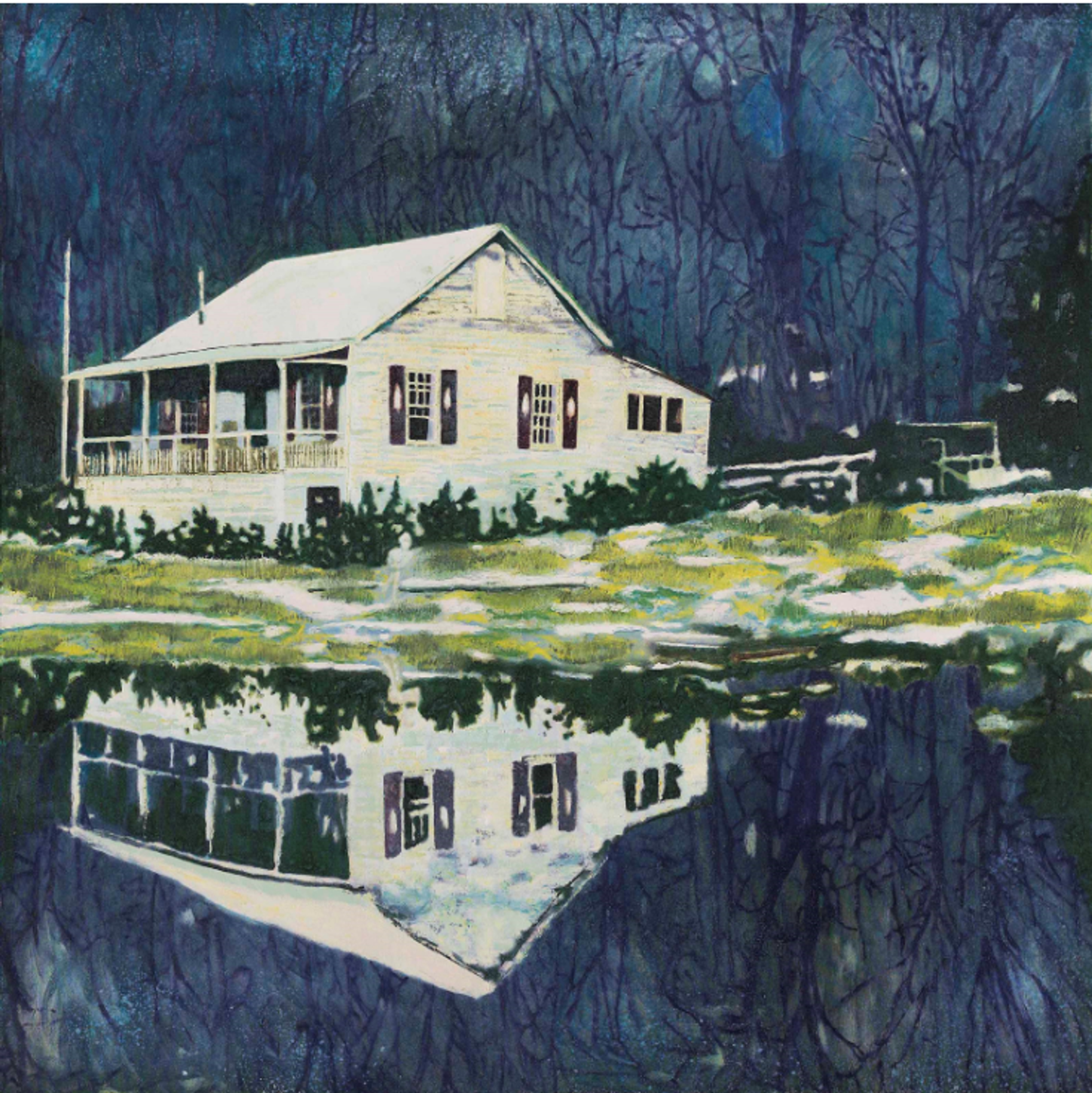 A painting of a white cabin reflected perfectly in dark, still water, creating mirror symmetry. The structure is surrounded by inky blue-black forest, with the composition split horizontally between reality and reflection.