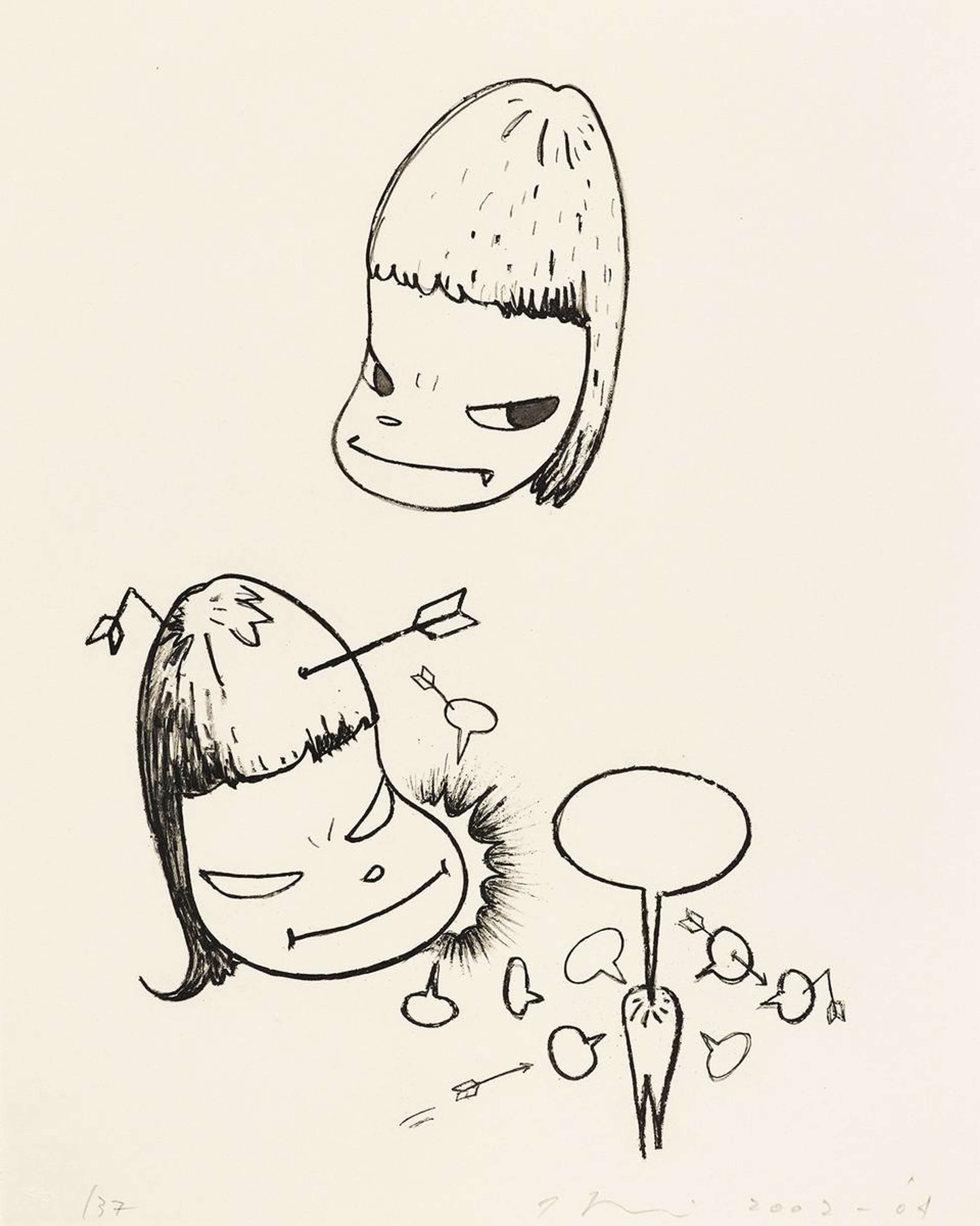 L'estampe de Yoshitomo Nara, intitulée « Pain » (2002), représente deux têtes caricaturales, l'une en colère et l'autre transpercée par une flèche.