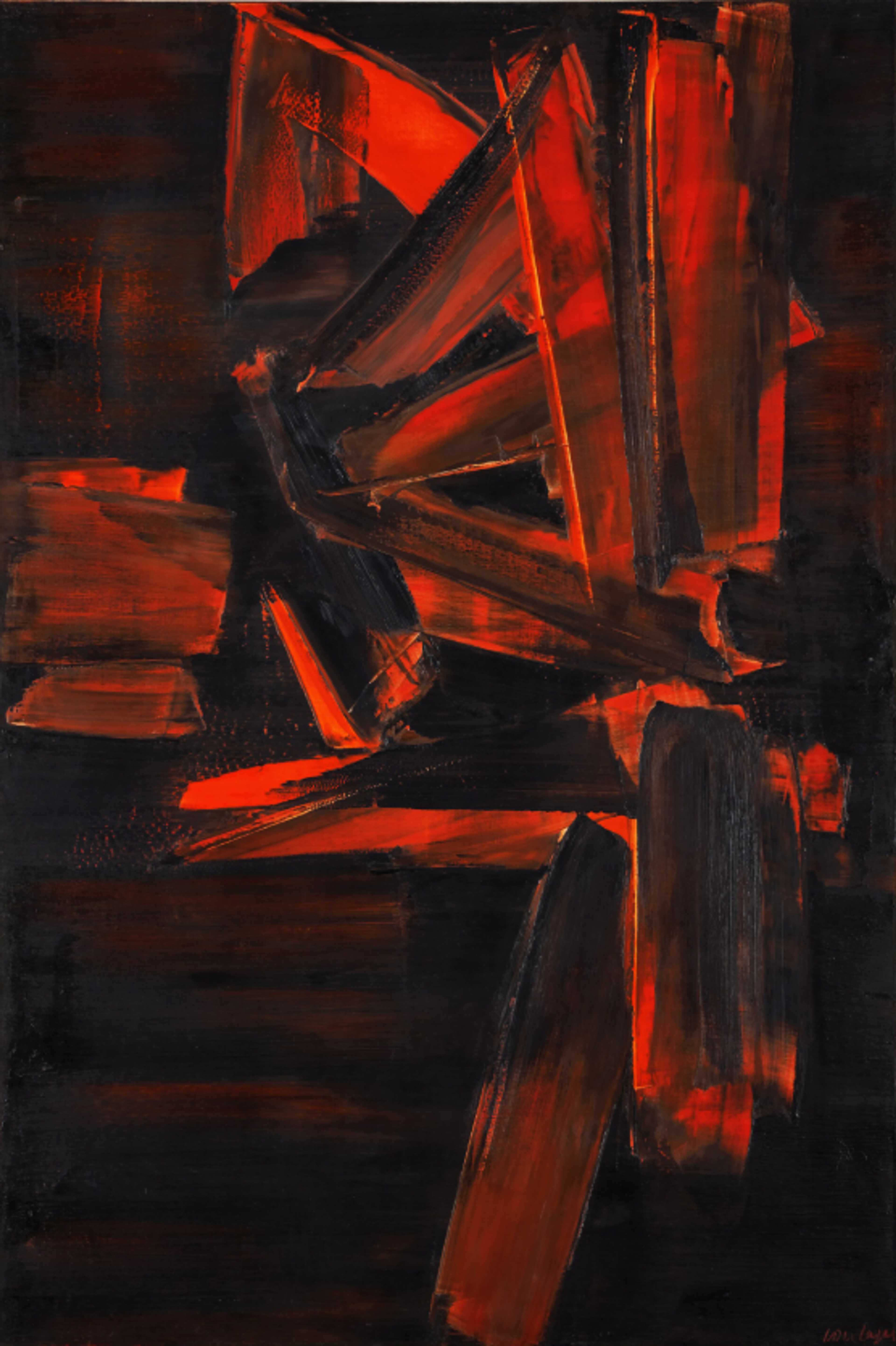 An abstract painting with bold black brushstrokes arranged in angular patterns, obscuring and revealing parts of the red background beneath, creating a dramatic interplay of light and shadow.