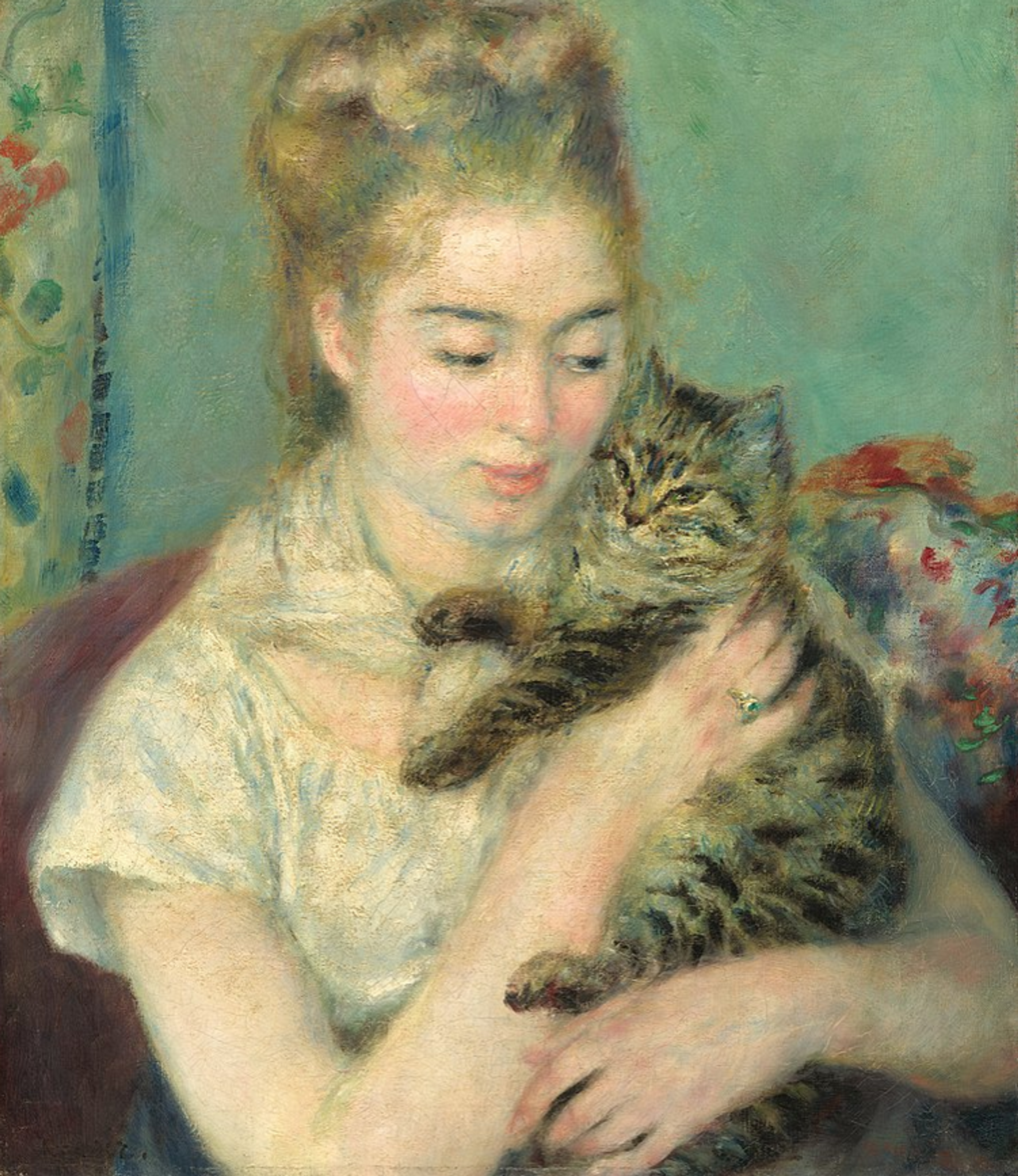 A soft, light painting of a young blonde girl holding a tabby cat up to her face. She wears a simple white dress, with her hair twisted up. Behind her is a light blue wall with some floral pattern.