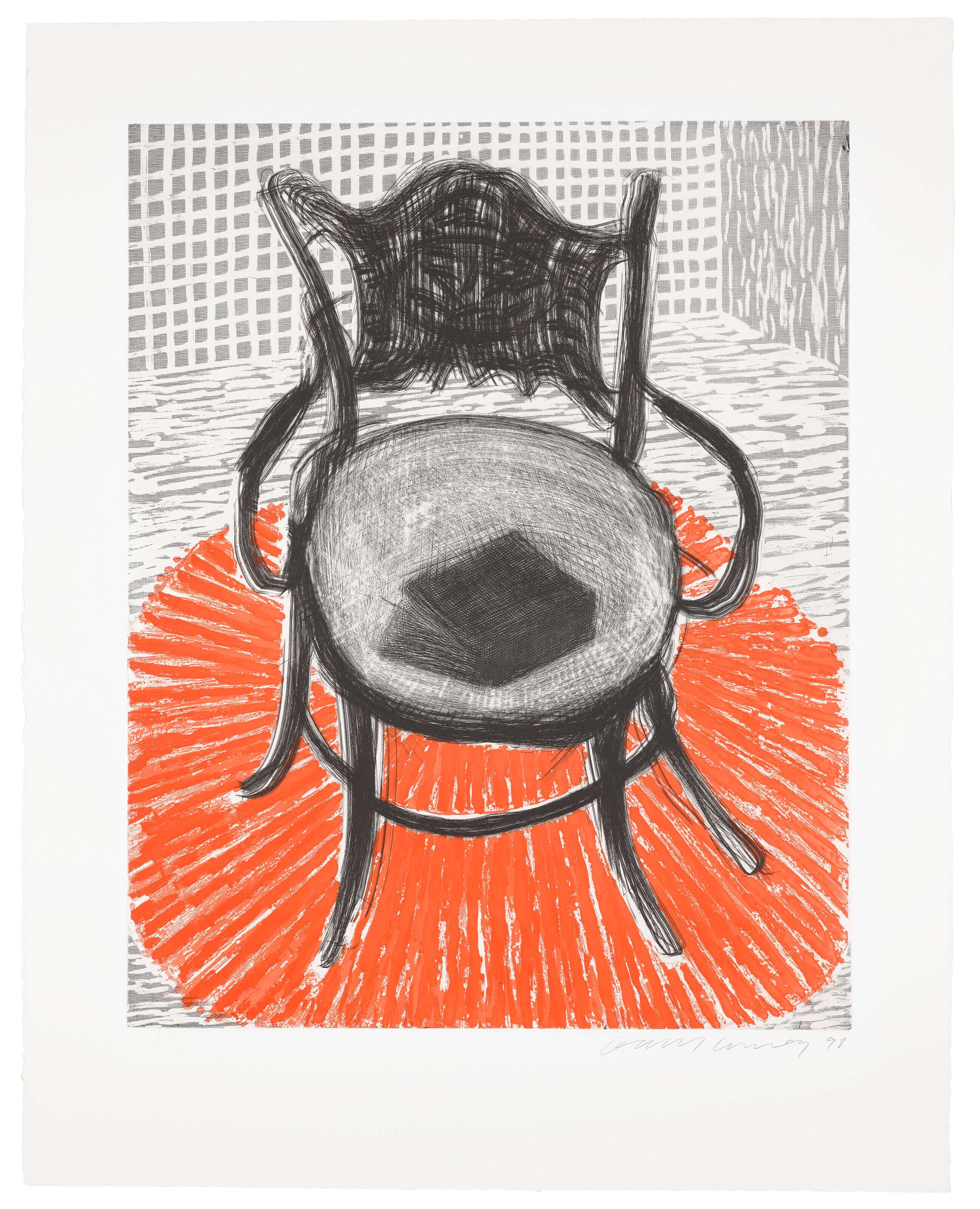 A single chair with an open book on a red carpet, crisp contours and matte blacks created by layered photocopier printing, 1986.
