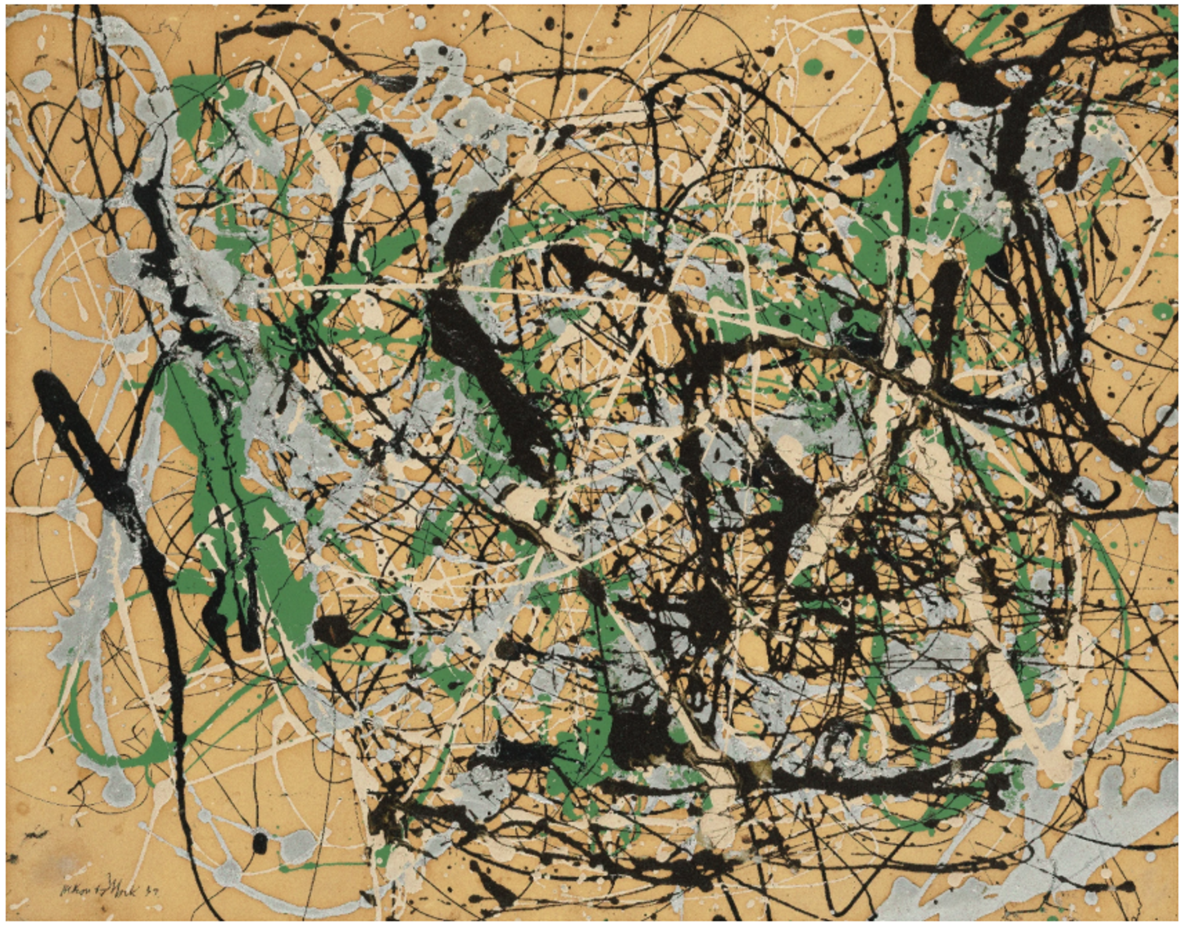 A horizontal painting with a beige background, featuring looping and intersecting lines in black and green, with areas of white and pale blue. The composition is lively and spontaneous, with a sense of rhythmic movement.