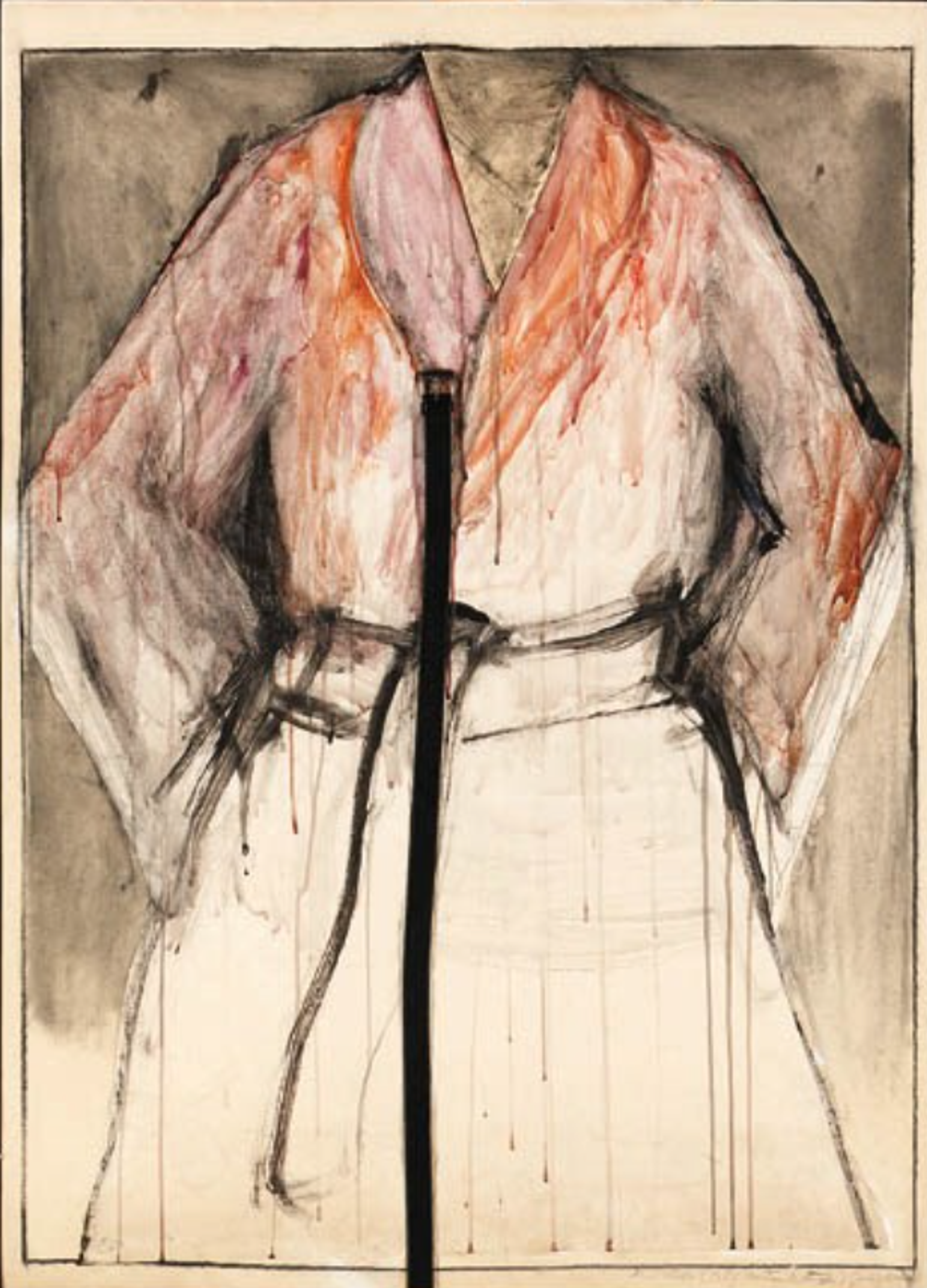 An expressive watercolour painting of a robe, tied with a belt, with sleeves bent as if the wearer has their hands clasped behind their back. The background is an inky grey, and the robe is watery red and orange, with most colour concentrated around the shoulders and drips of paint running down the front.