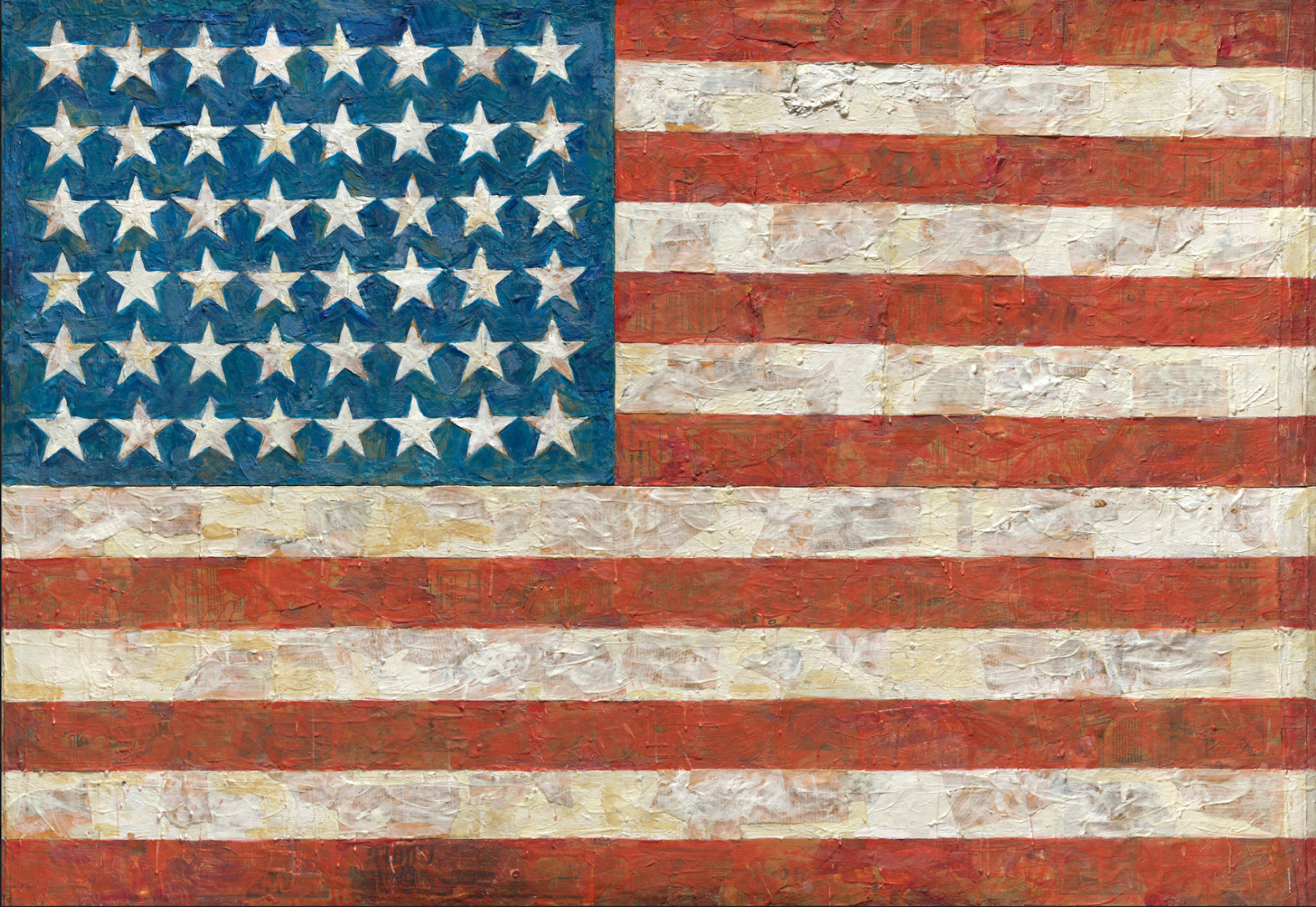Le drapeau américain, rayures rouges et blanches avec des étoiles blanches sur un rectangle bleu dans le coin supérieur gauche, peint à l’encaustique.
