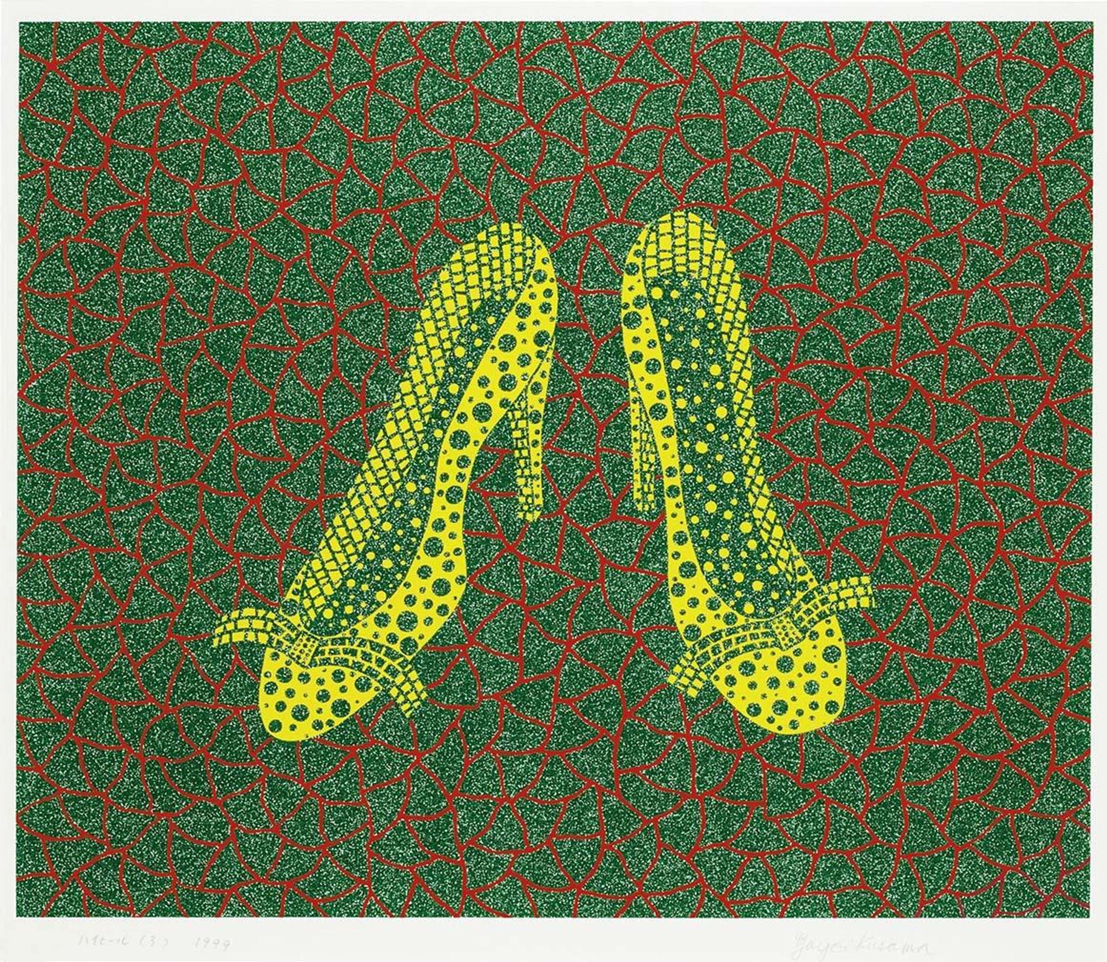 Two stylised high heels float on a field of repeating nets, turning everyday footwear into surreal iconography.