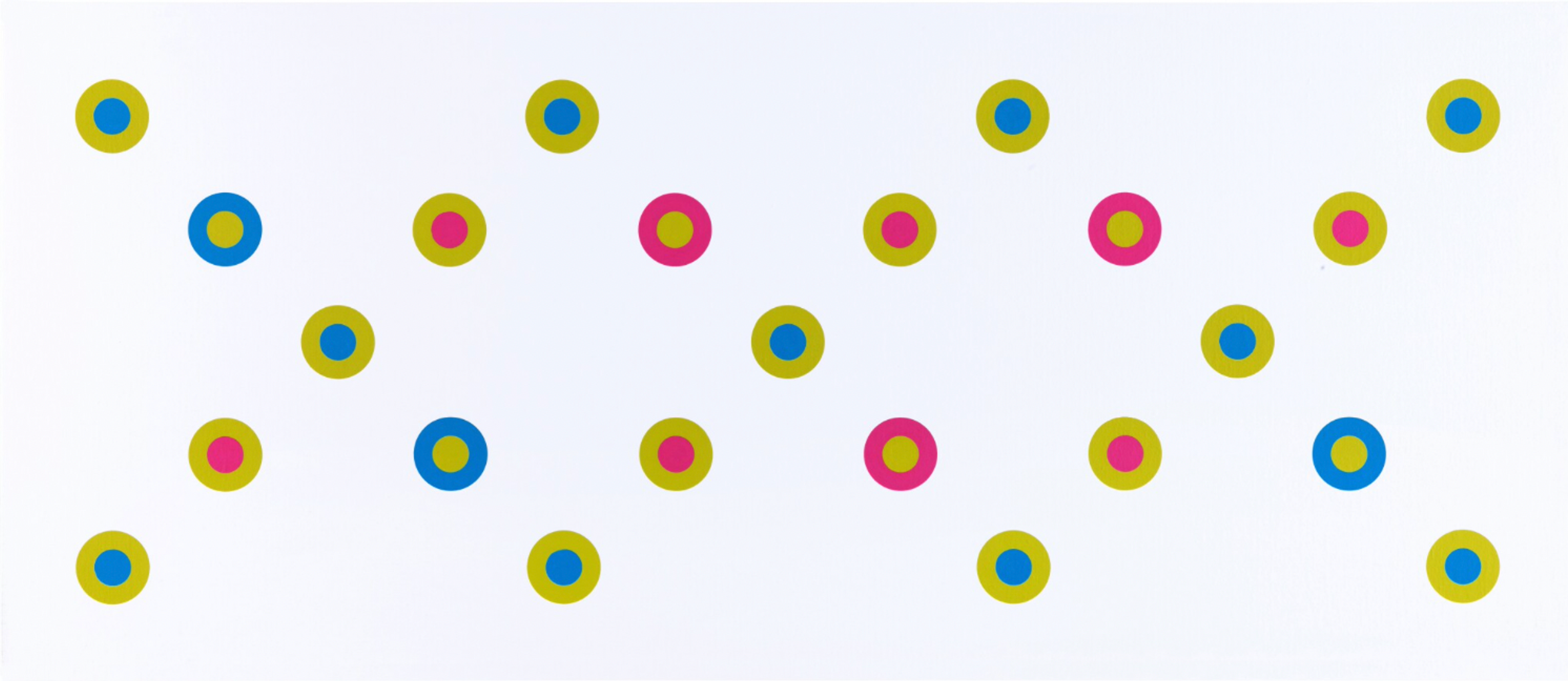 Sur un fond blanc, un motif répétitif de taches apparaît en formation à travers la composition. Les points varient selon différentes combinaisons de couleurs : vert lime, bleu et rose.