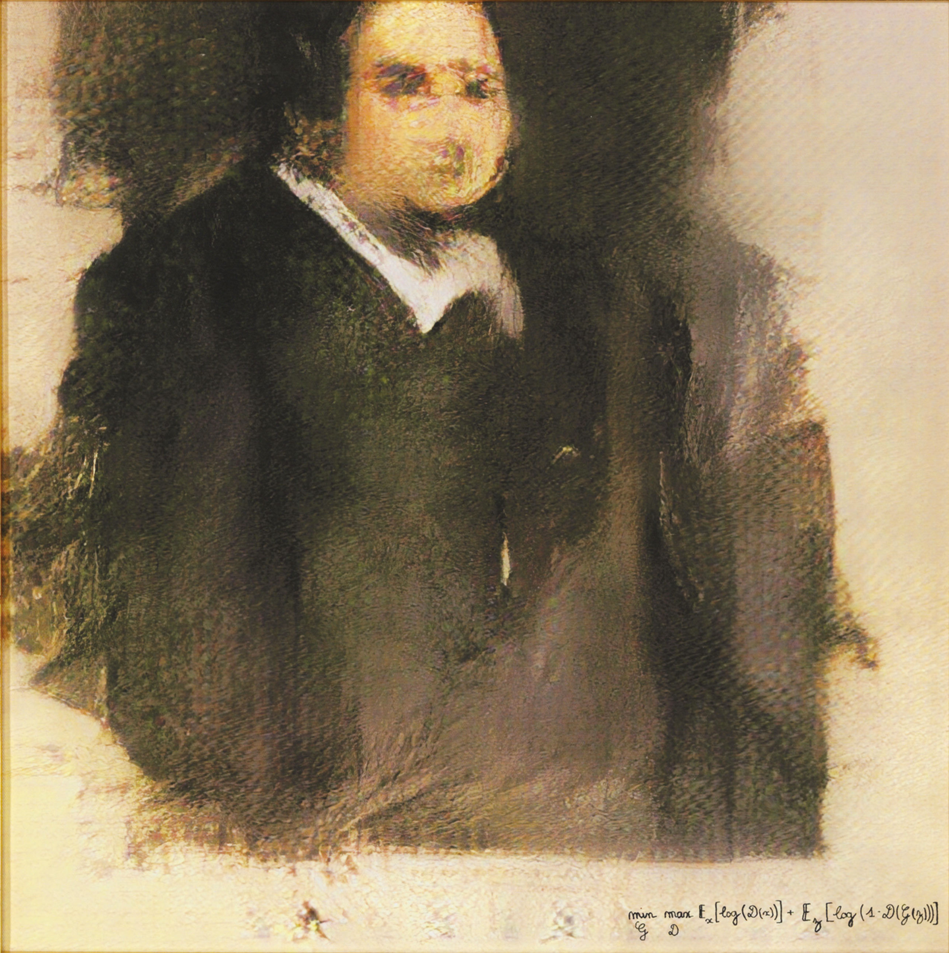 Portrait à l'aquarelle d'un homme au visage dissimulé, réalisé par le collectif d'artistes parisien Obvious en 2018
