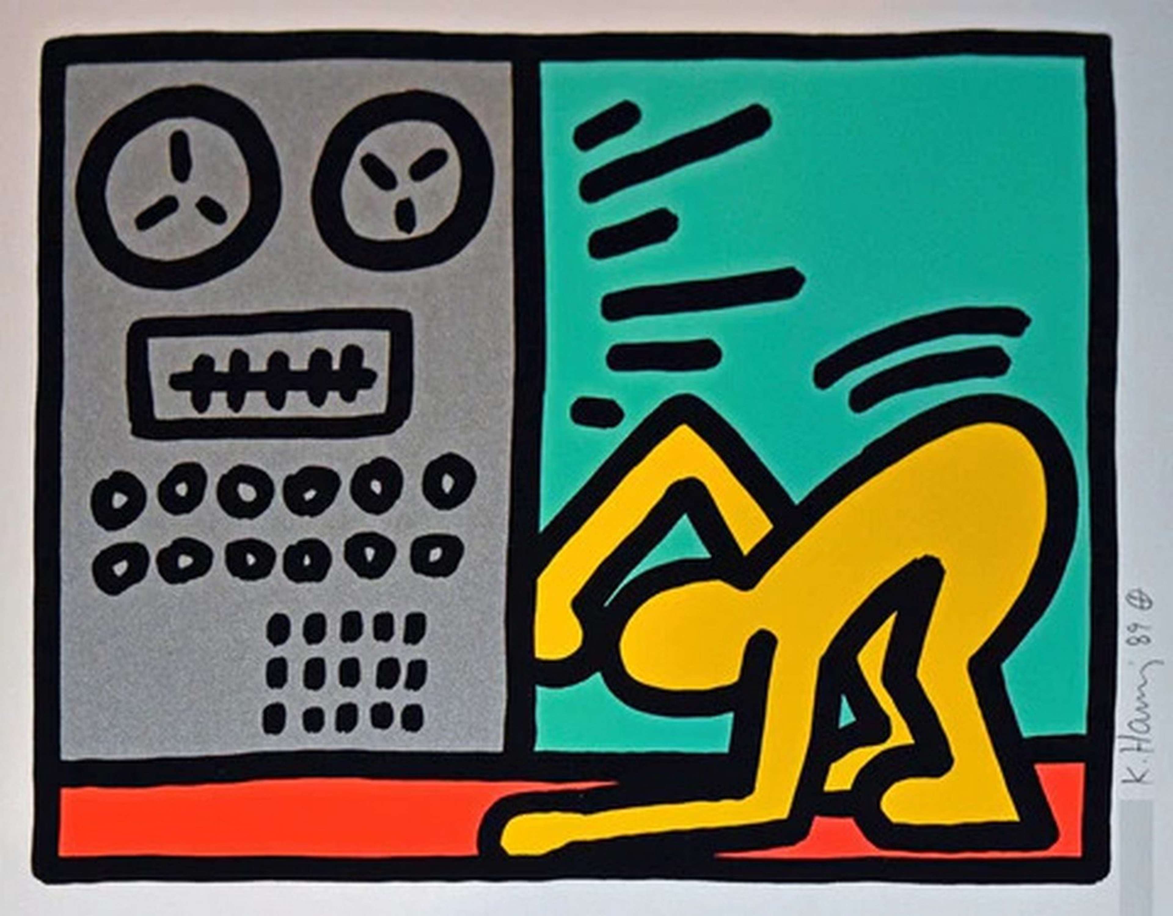 « Pop Shop III » de Keith Haring. Une figure jaune dansant tout en écoutant de la musique dans le style Street Art caractéristique de Keith Haring.