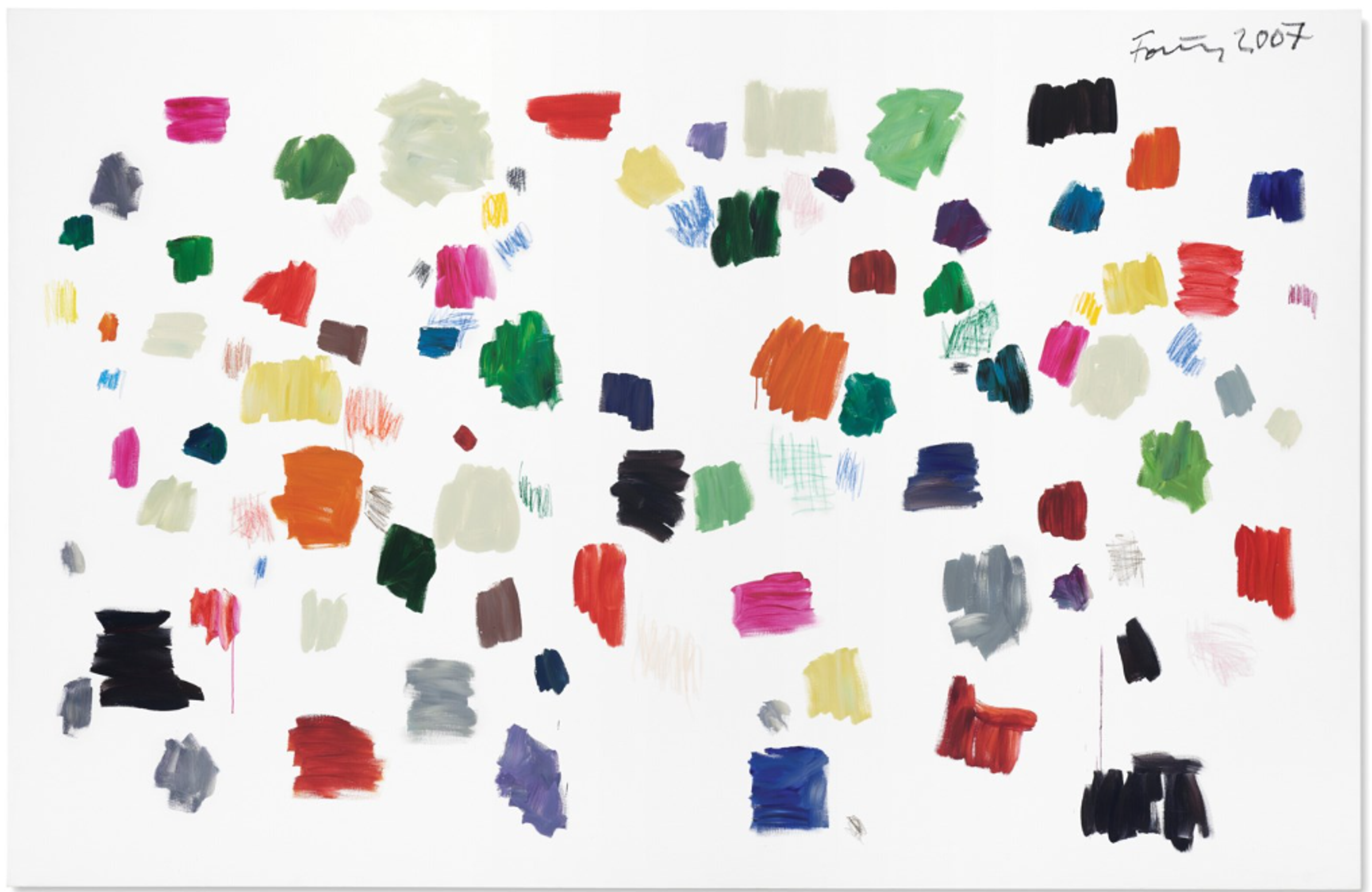 A large horizontal rectangular acrylic painting featuring dozens of colourful brushstrokes scattered across a white background. The composition displays various vibrant colours - reds, blues, greens, purples, yellows, and blacks - appearing as small irregular daubs or spots distributed seemingly randomly but with a balanced visual rhythm across the canvas.