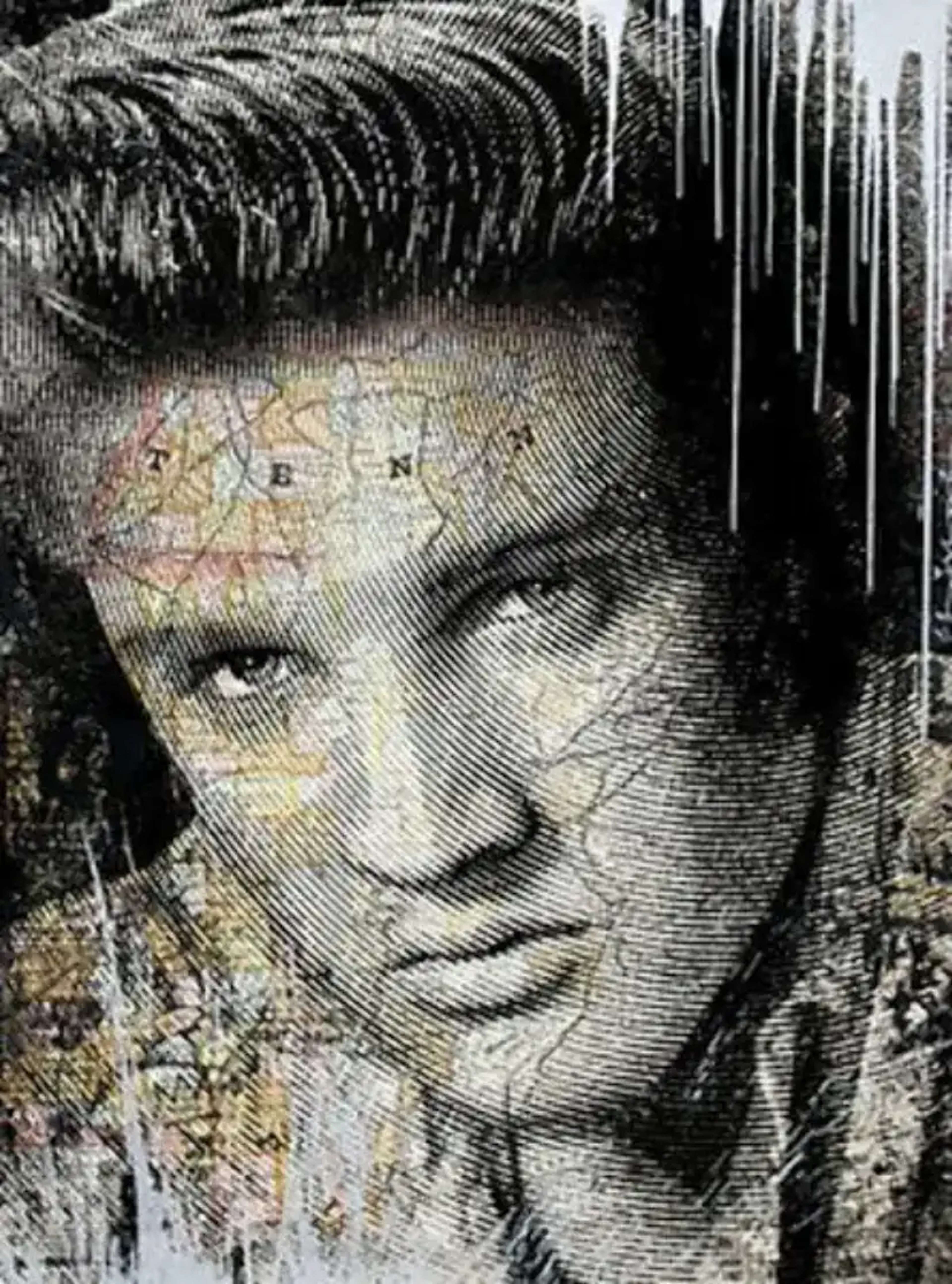 Sérigraphie couleur représentant un portrait de la légende du rock Elvis Presley, mettant en scène une empreinte de pouce comme image principale, avec de légères marques ressemblant à une carte colorée sur son front. Des coulures de peinture grise pendent depuis le coin supérieur droit de l'œuvre et des éclaboussures partent du coin inférieur gauche.