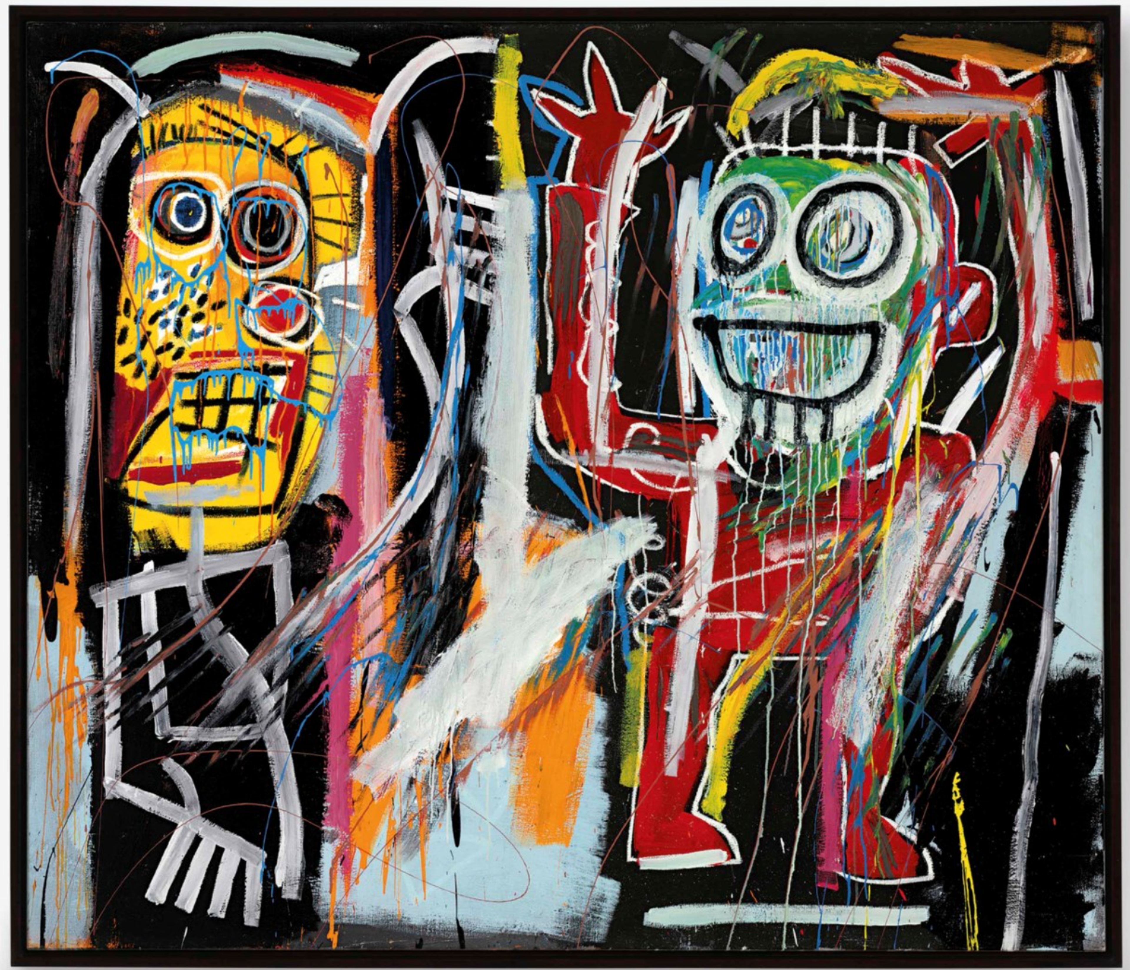Sur un fond d'un noir d'encre intense, les figures aux couleurs vives dans *Dustheads* de Jean-Michel Basquiat illustrent le chef-d'œuvre absolu de la ligne expressive, de la couleur et de la forme qui caractérise l'œuvre picturale emblématique de Basquiat.