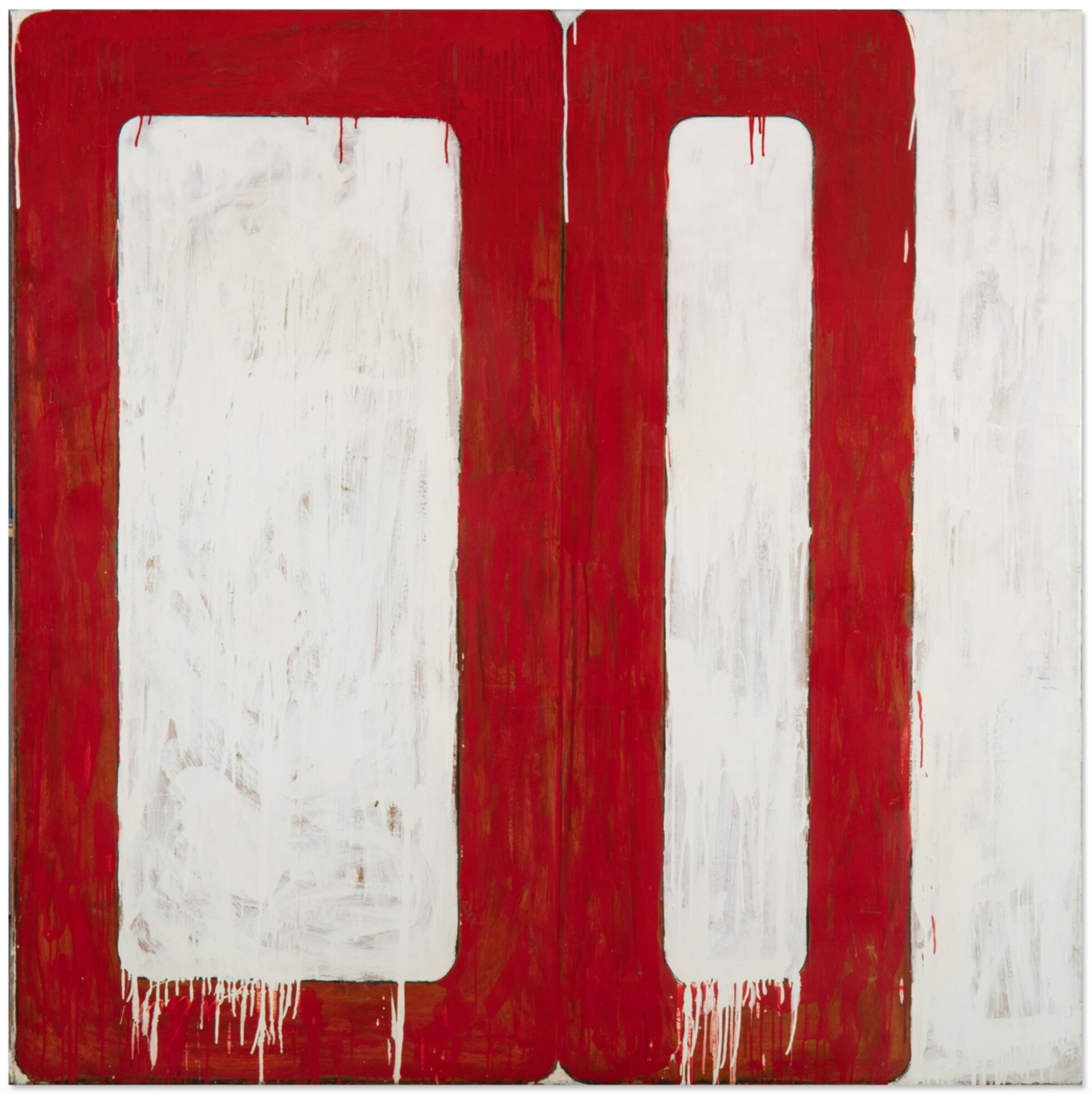A painting with two vertical, large, white rectangular forms with soft corners outlined in vivid red, set against a textured white background, with visible drips and textured brushwork. The forms meet in the centre of the canvas, the left taking up the entire left half and the right taking up just over half of the right side.