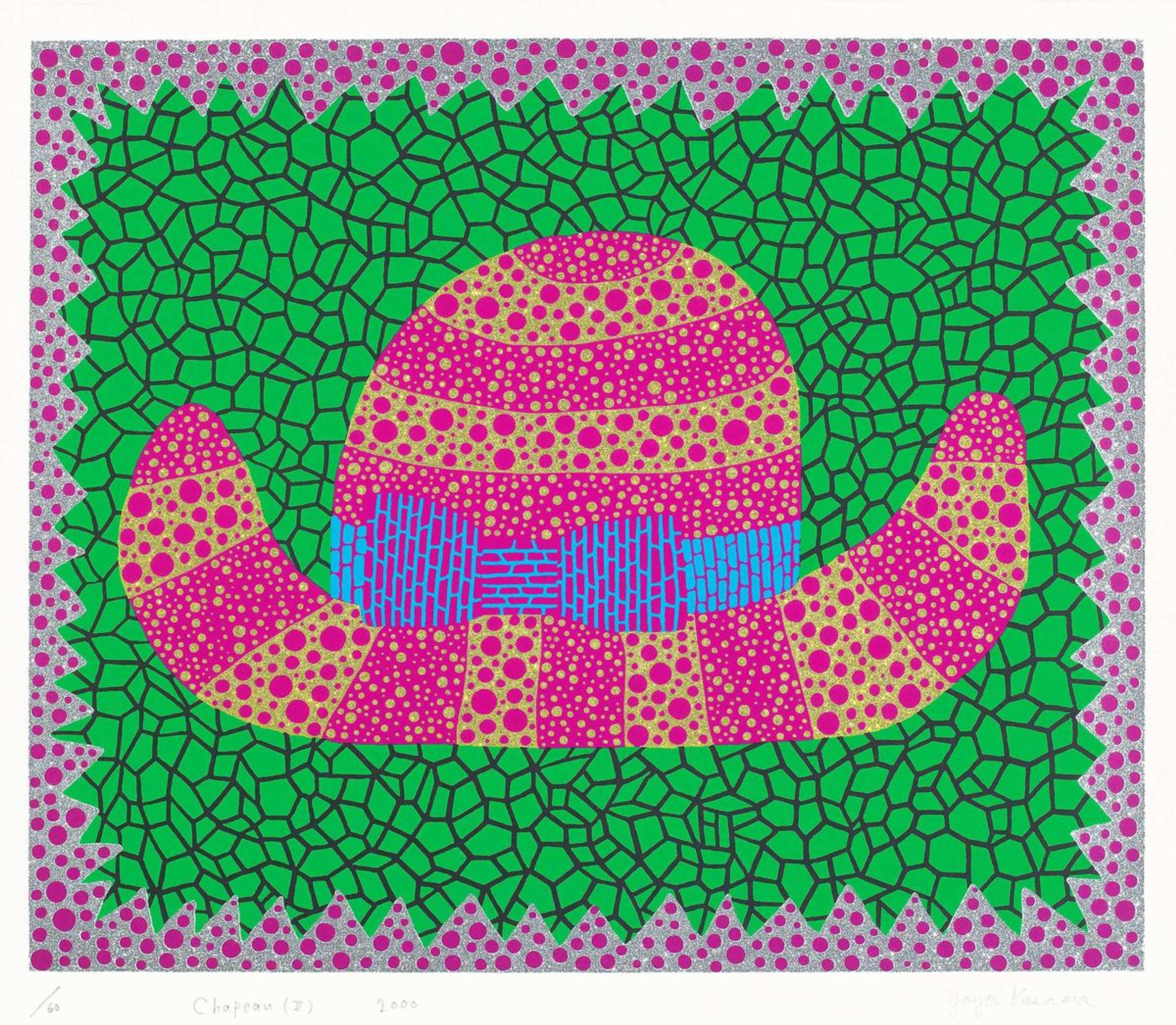 A hat motif, fully dotted, sits against repetitive nets, transforming fashion into emblematic abstraction.