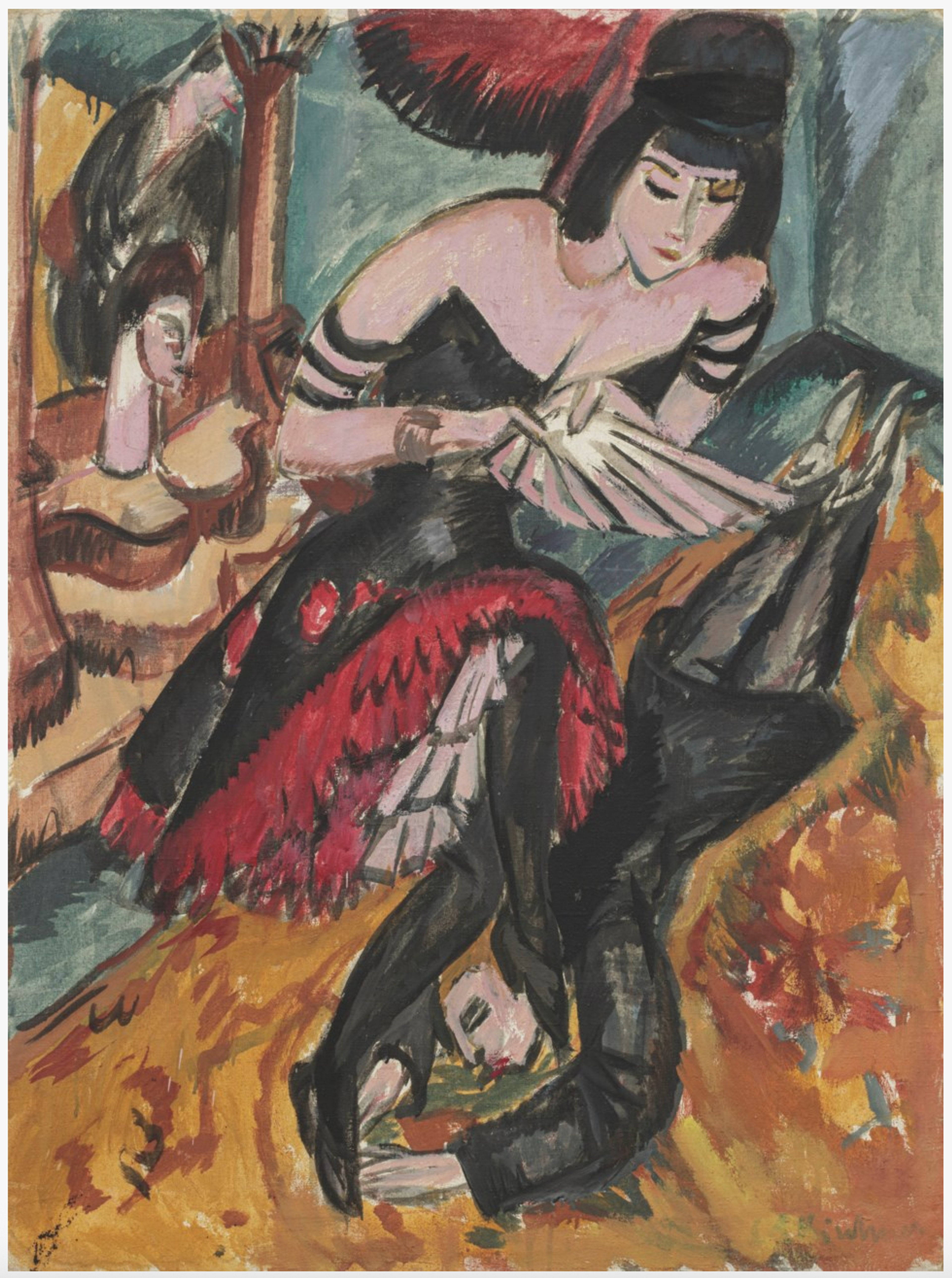 A painting of a dramatic interior scene depicting a woman in a full-skirted black and crimson gown and headdress dominating a male figure who appears to be falling or submitting to her. A free-standing mirror on the left introduces another layer of visual complexity, revealing a third figure visible only in reflection. The studio setting is decorated with sumptuous fabrics and ornate furniture, creating a bohemian atmosphere heightened by the intense psychological drama between the figures. The brushwork is expressive and loose, focusing on drama and movement, rather than realism.