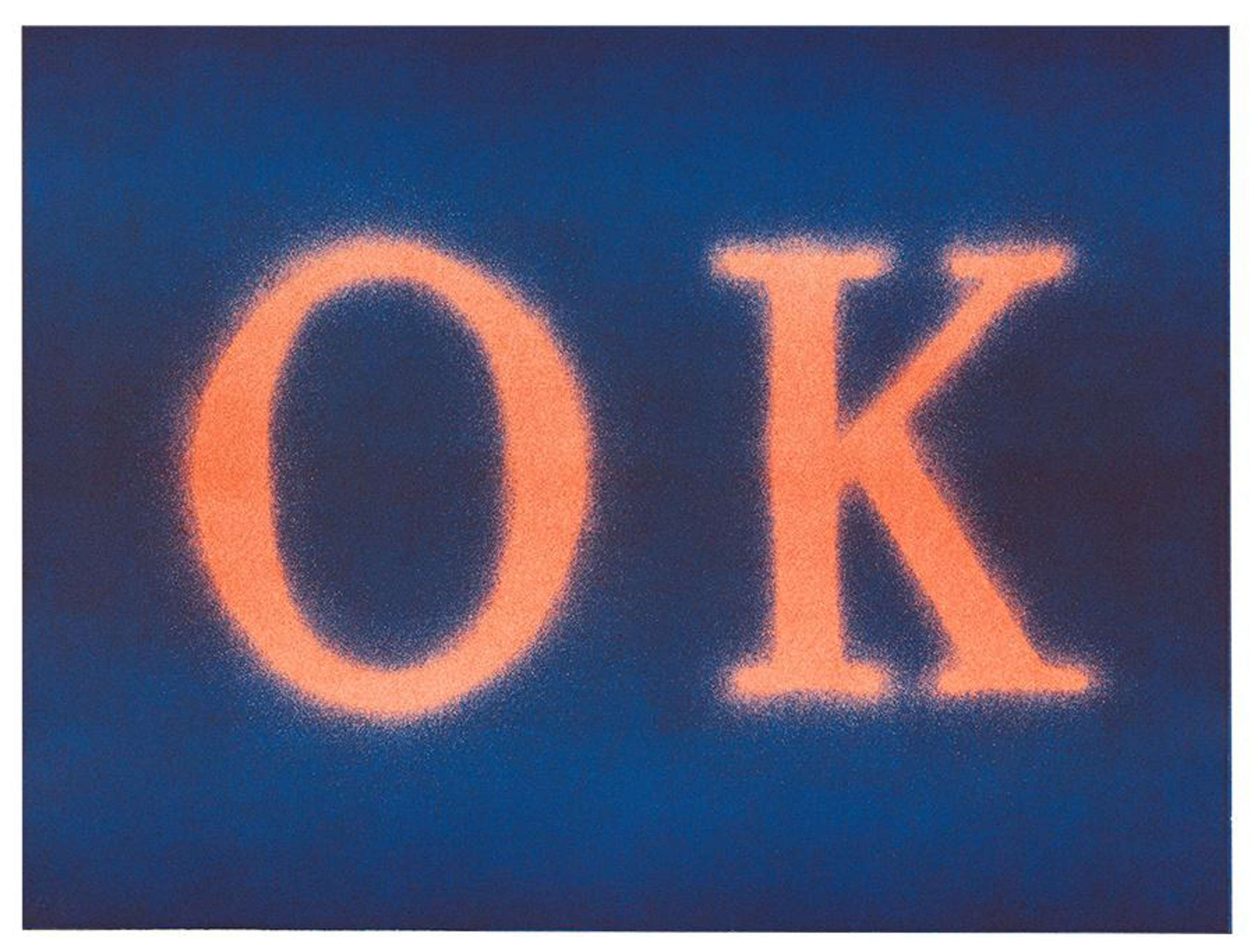Lithographie d'Ed Ruscha représentant le mot « OK » en grandes lettres orange, sur un fond bleu profond.