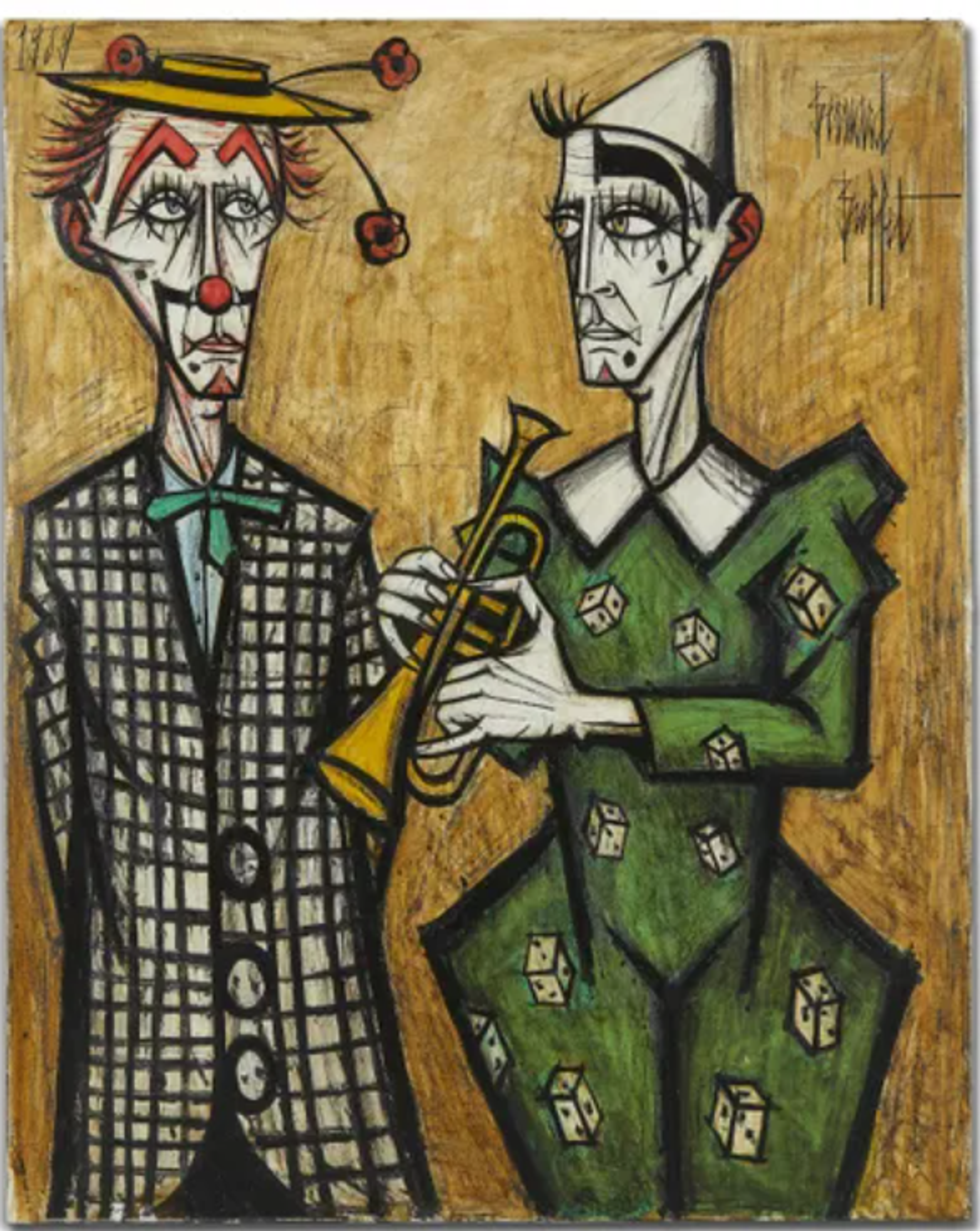 Two elongated clown figures rendered against a mustard-yellow background. Both clowns have gaunt, melancholic faces and wear distinctly patterned clothing - one in a checkered suit, the other in a green costume with decorative dice holding a golden trumpet. They stand close together and look at each other, both defined by sharp black outlines typical of Buffet's style.