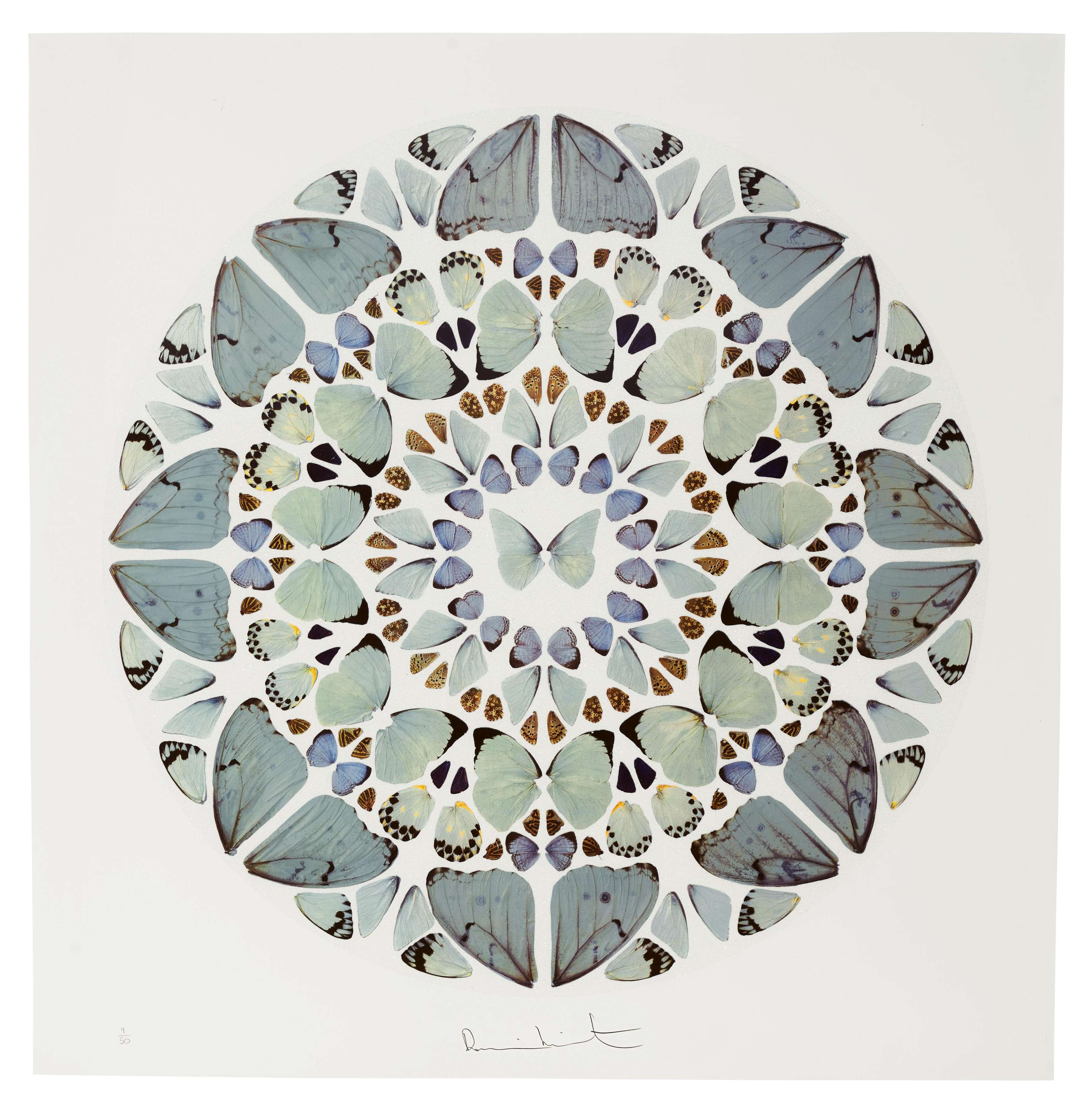 Dans cette estampe, Hirst compose un magnifique motif à partir de papillons. Des cercles d'ailes de papillons sont disposés avec délicatesse, émanant d'un papillon blanc au centre de l'œuvre. Alors que de nombreuses estampes de cette série utilisent des couleurs vives, franches et éclatantes, les teintes de celle-ci sont beaucoup plus simples et douces, le gris, le blanc et le lilas pâle dominant la composition chromatique.