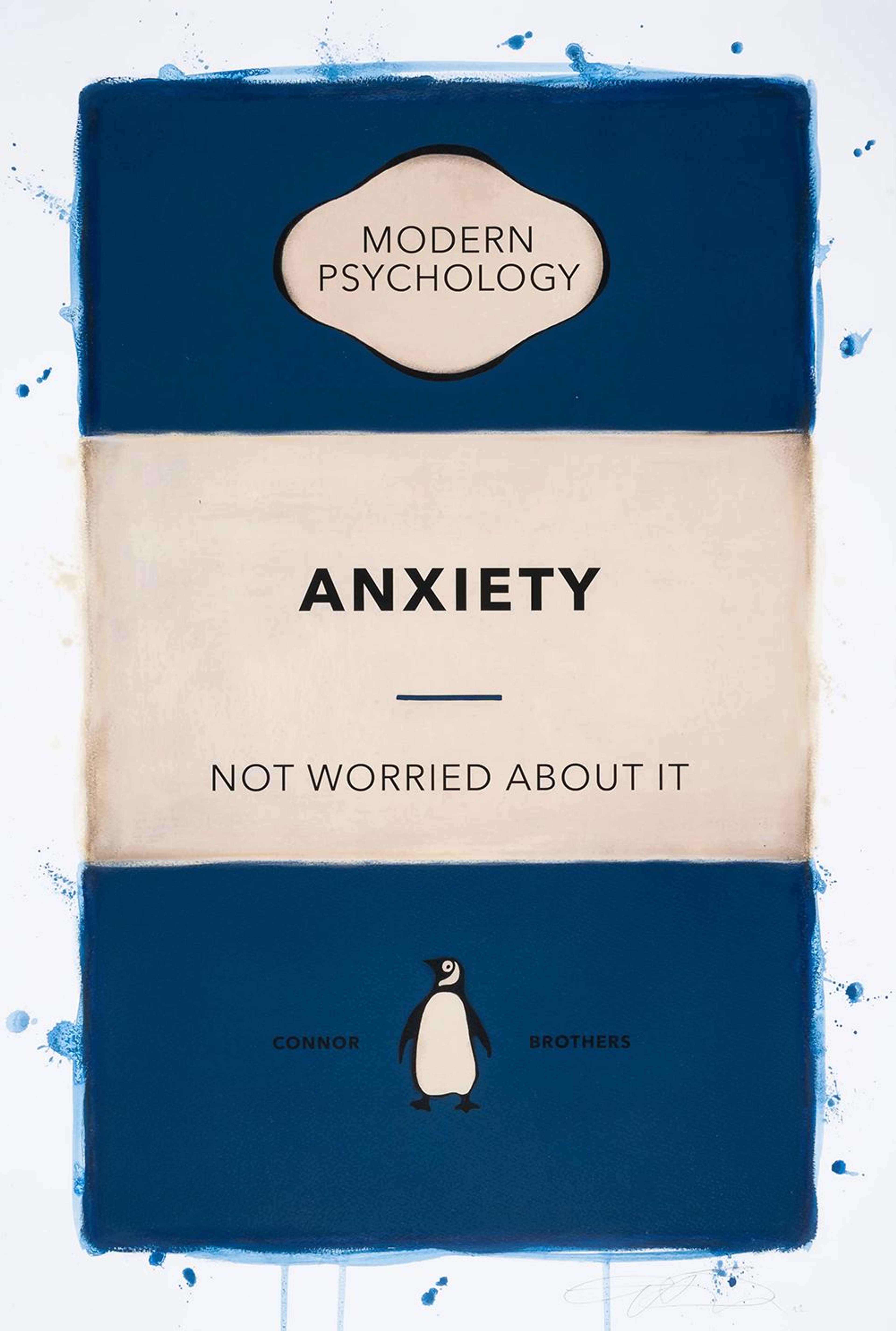 Une couverture de livre Penguin bleue, affichant le texte « Anxiety Not Worried About It ».