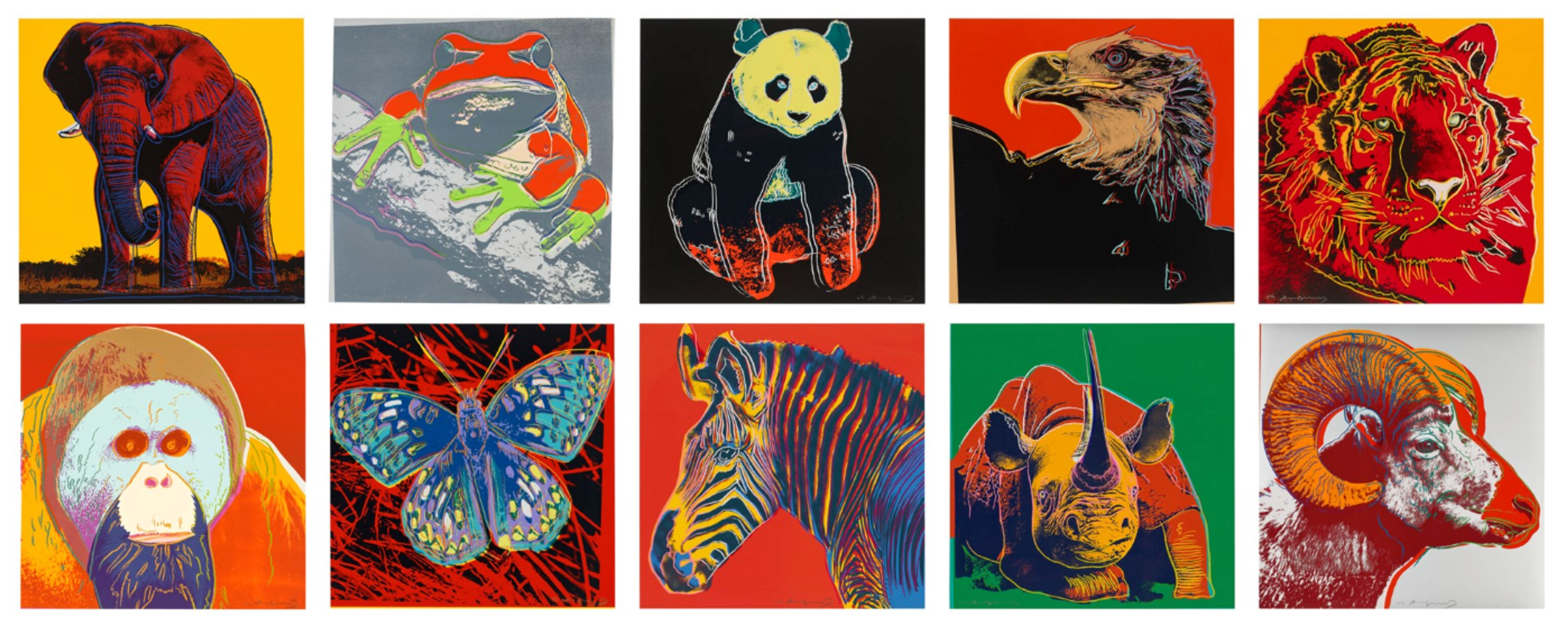Andy Warhol's complete set of Endangered Species screenprints. Unique trial proof set in red-hued acid tones. 
