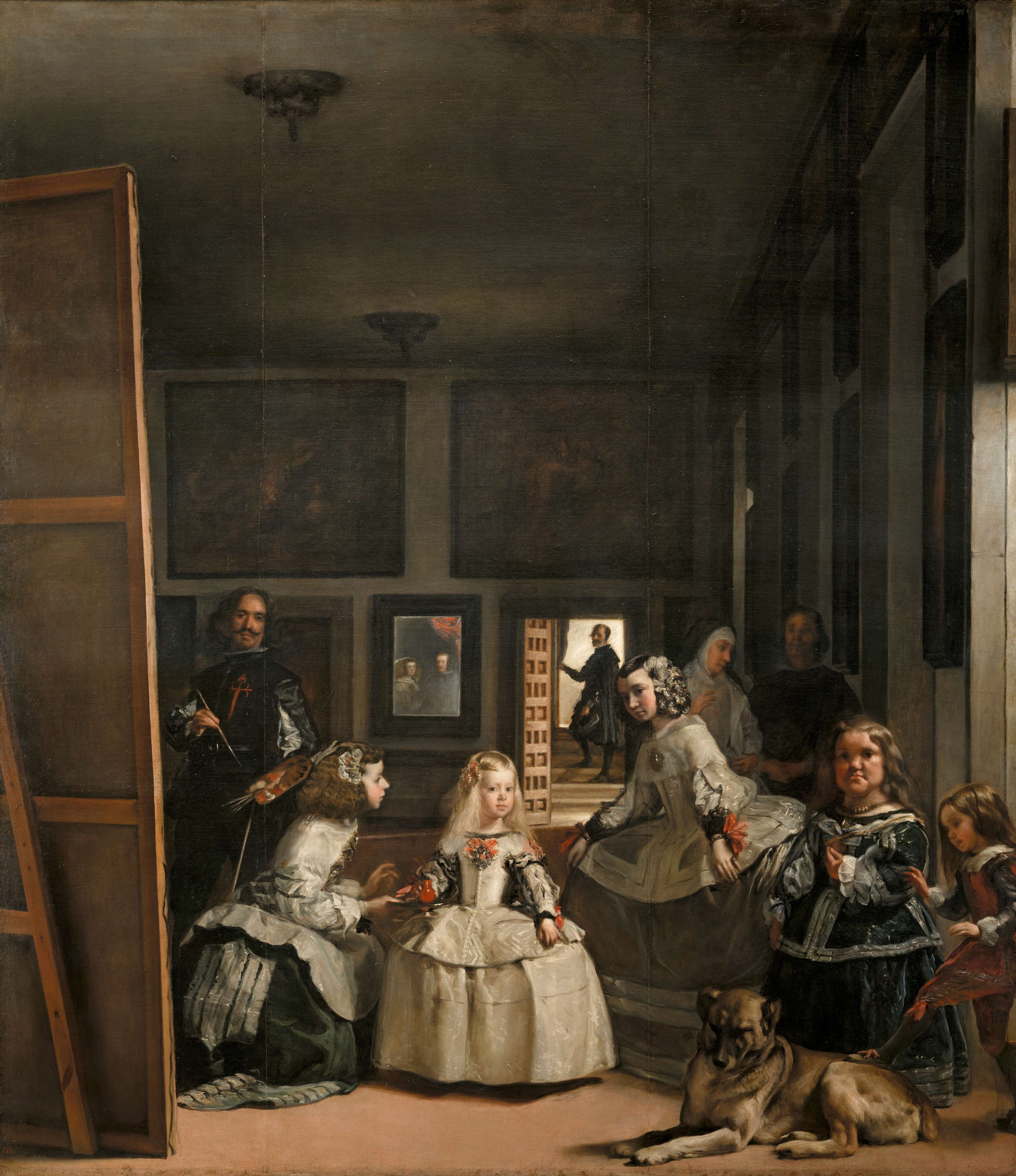 Un tableau intitulé « Las Meninas » de Diego Velázquez, qui représente un « Group Of Figures » à la cour royale du roi Philippe IV d'Espagne, comprenant l'artiste lui-même et la jeune princesse Marguerite-Thérèse.