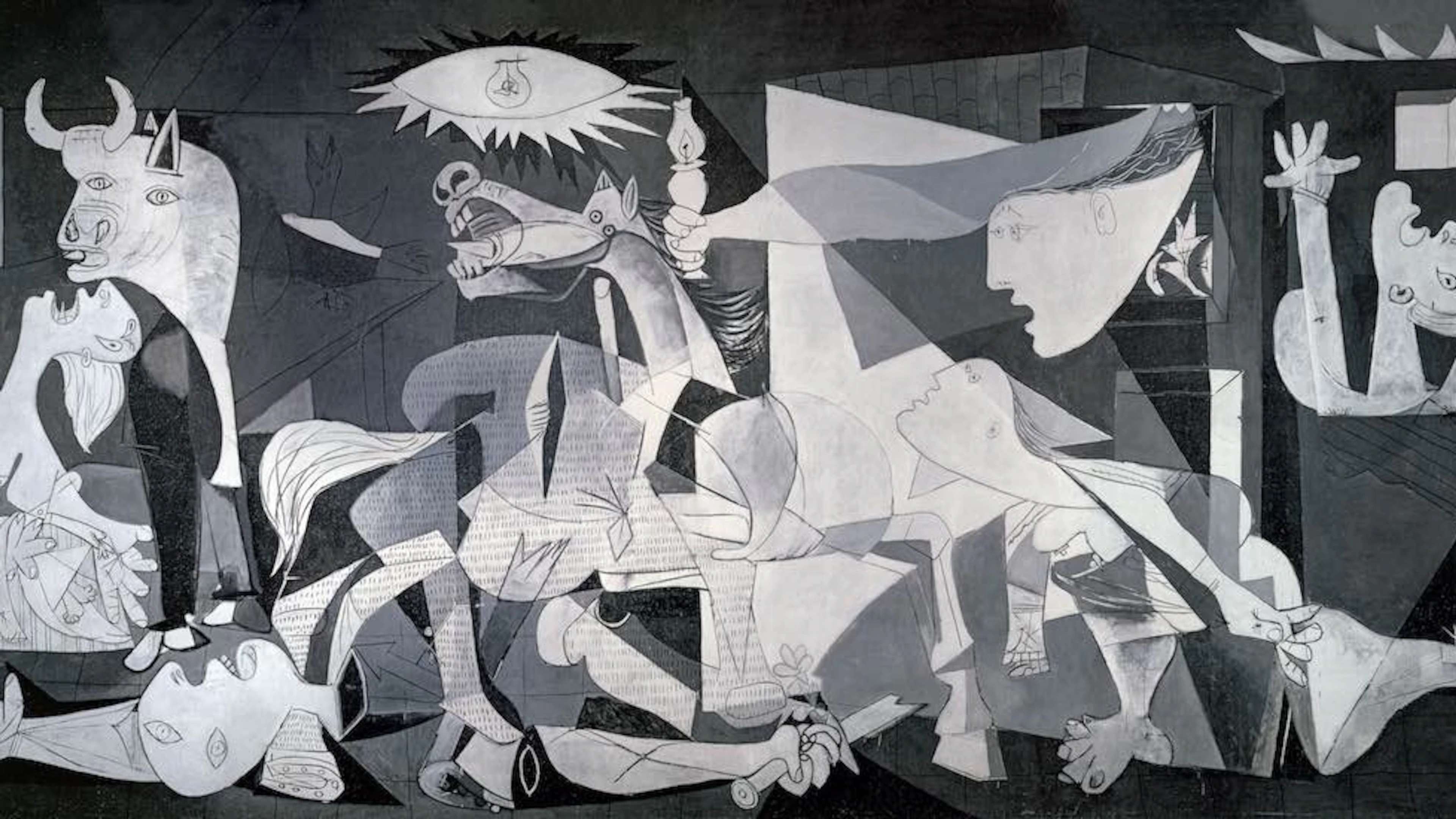 Grande reproduction en niveaux de gris de "Guernica" de Picasso, incluant des animaux et des objets figuratifs