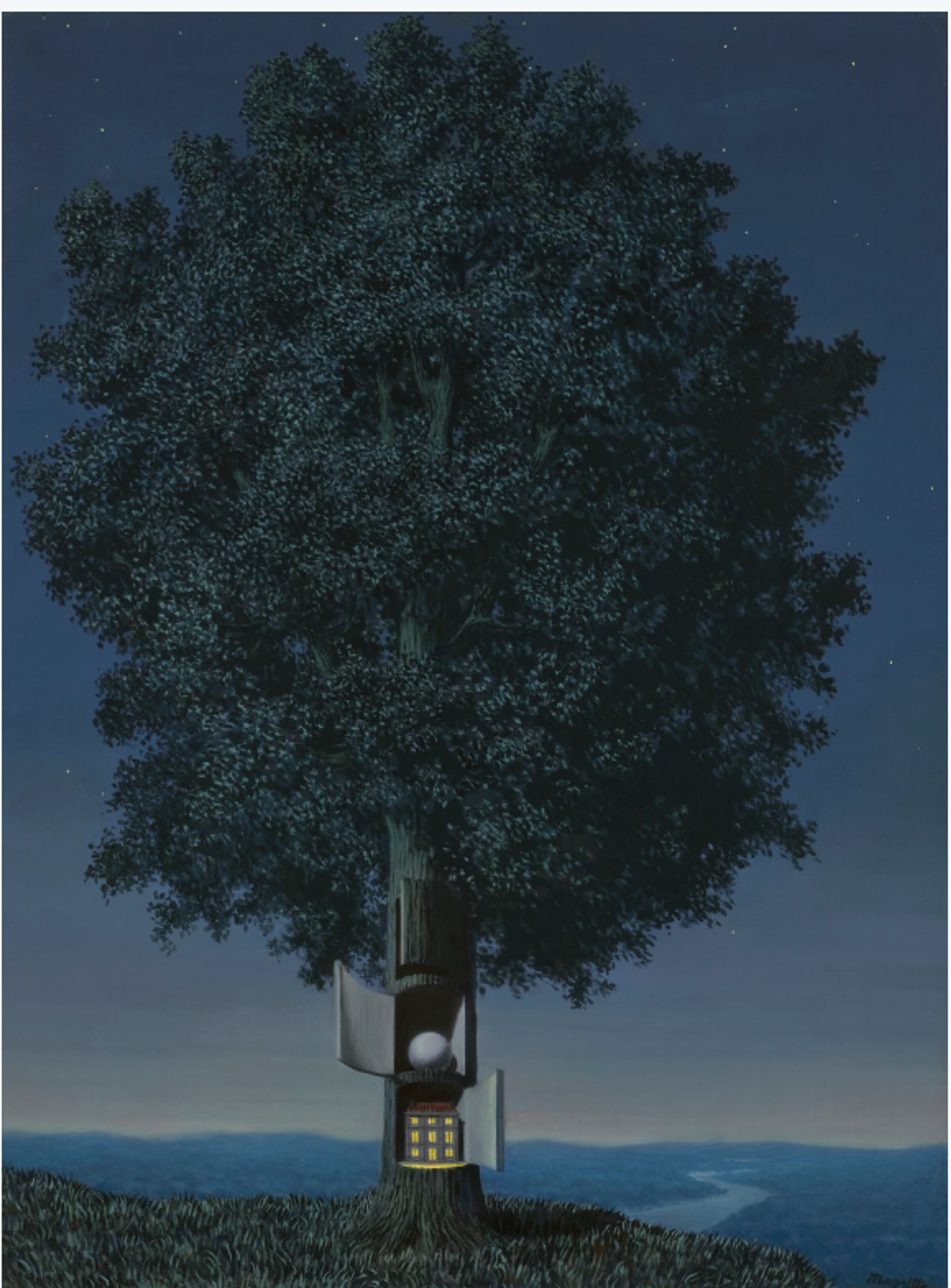 A nighttime painting of a tall green tree standing alone on a hilltop, with three windows cut into its trunk. The lower window opens to reveal a miniature house with illuminated windows, the middle window opens to reveal a grey sphere, and the top window is not open enough to reveal what is inside. 