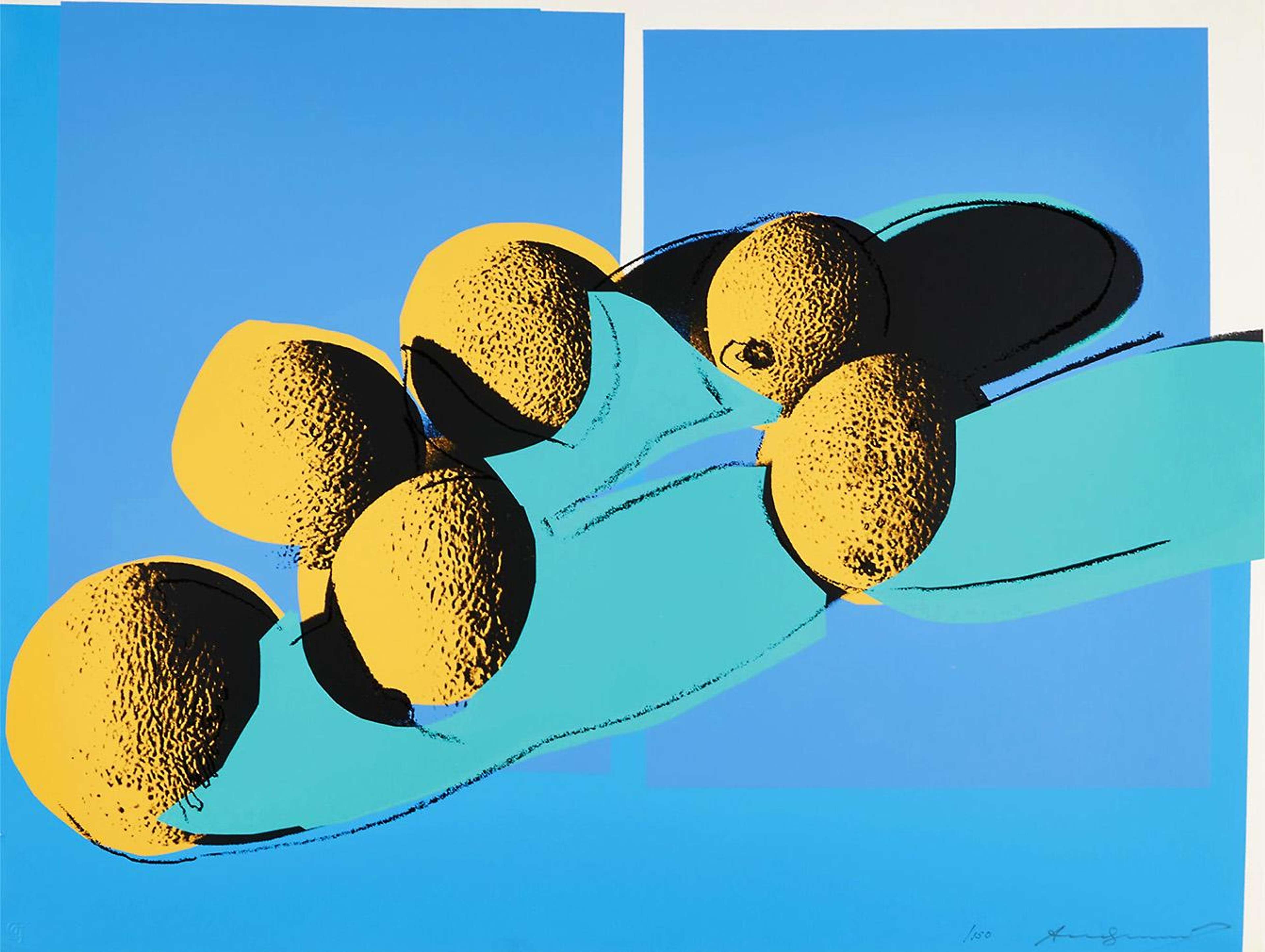 A Pop Art still life of cantaloupes painted in layered orange and turquoise, their curved outlines sharply lit to create graphic contrast.