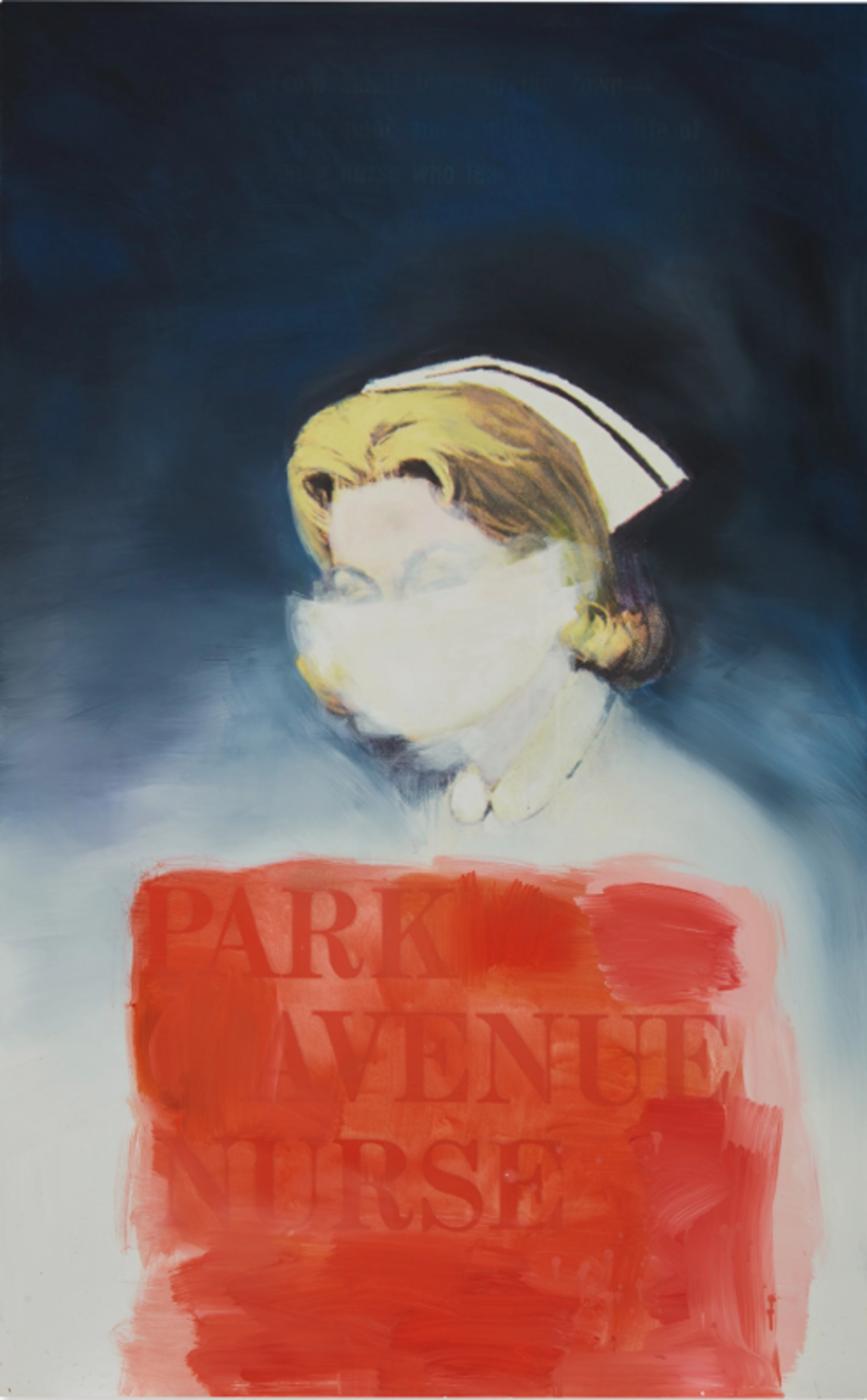 A figure in a nurse's cap against a blue-toned background, with a prominent red rectangular element in the lower portion of the painting, covering the words “Park Avenue Nurse” in all caps. She appears to be sitting at a three-quarter angle and looking towards the viewer, but she has her white mask pulled up to cover her eyes.