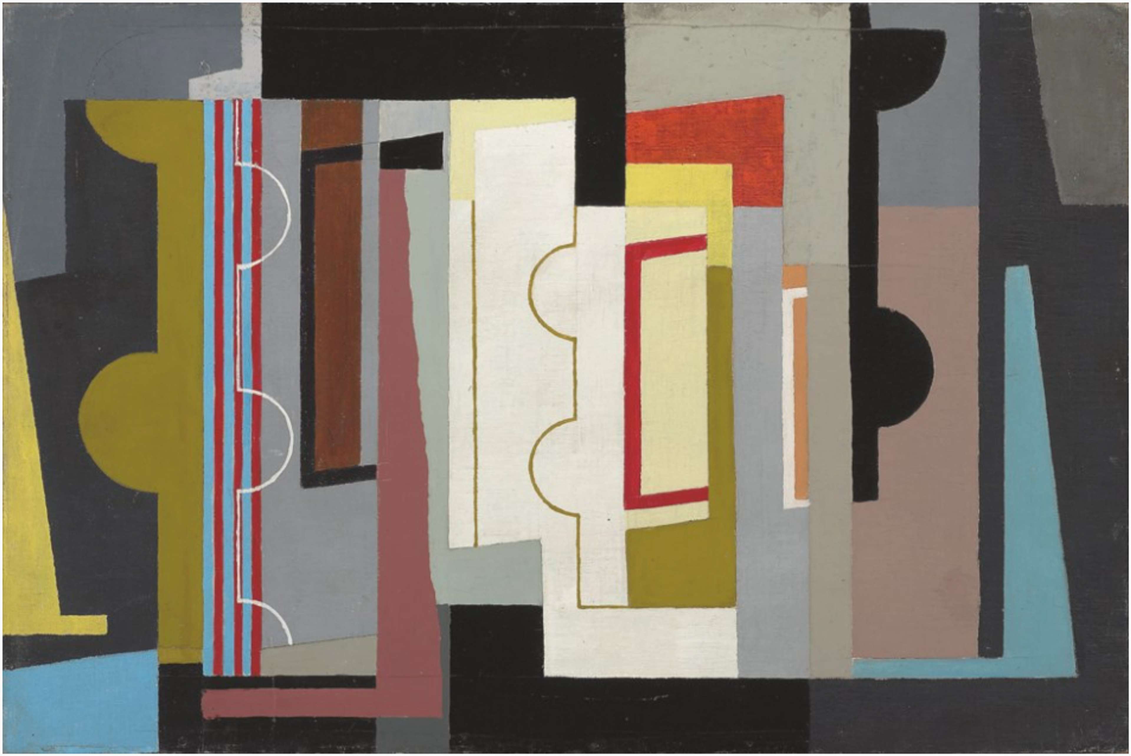 An abstract canvas with vertical lines of various colours intersecting at geometric points.