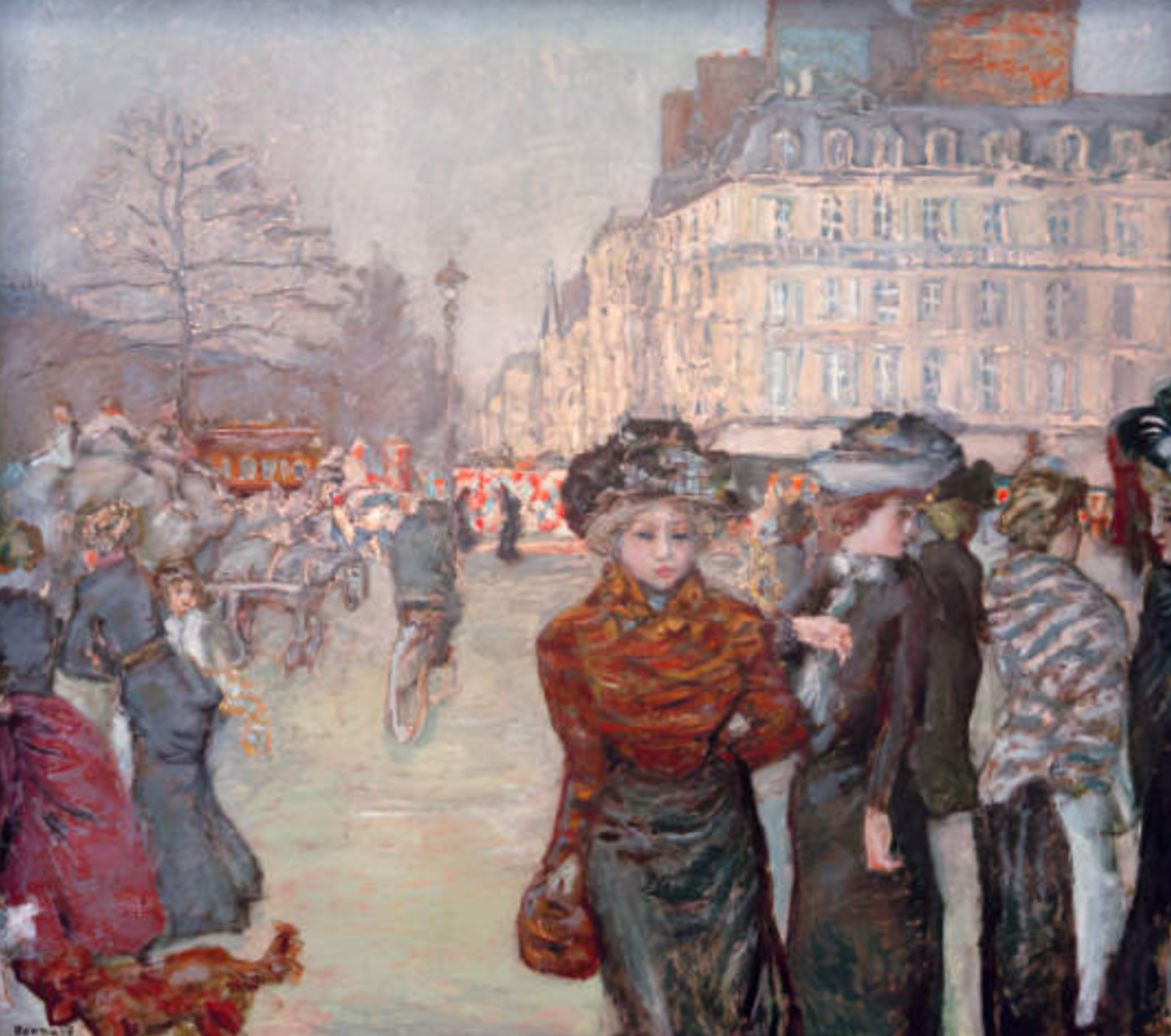 A Parisian street scene with muted colours showing crowds of people in period dress. Figures are rendered as dark silhouettes against lighter buildings in an atmospheric, foggy setting. Tall white buildings loom over the crowds on the right, while leafless trees stand on the left. A figure closest to the foreground hugs her arms to her chest as if cold.