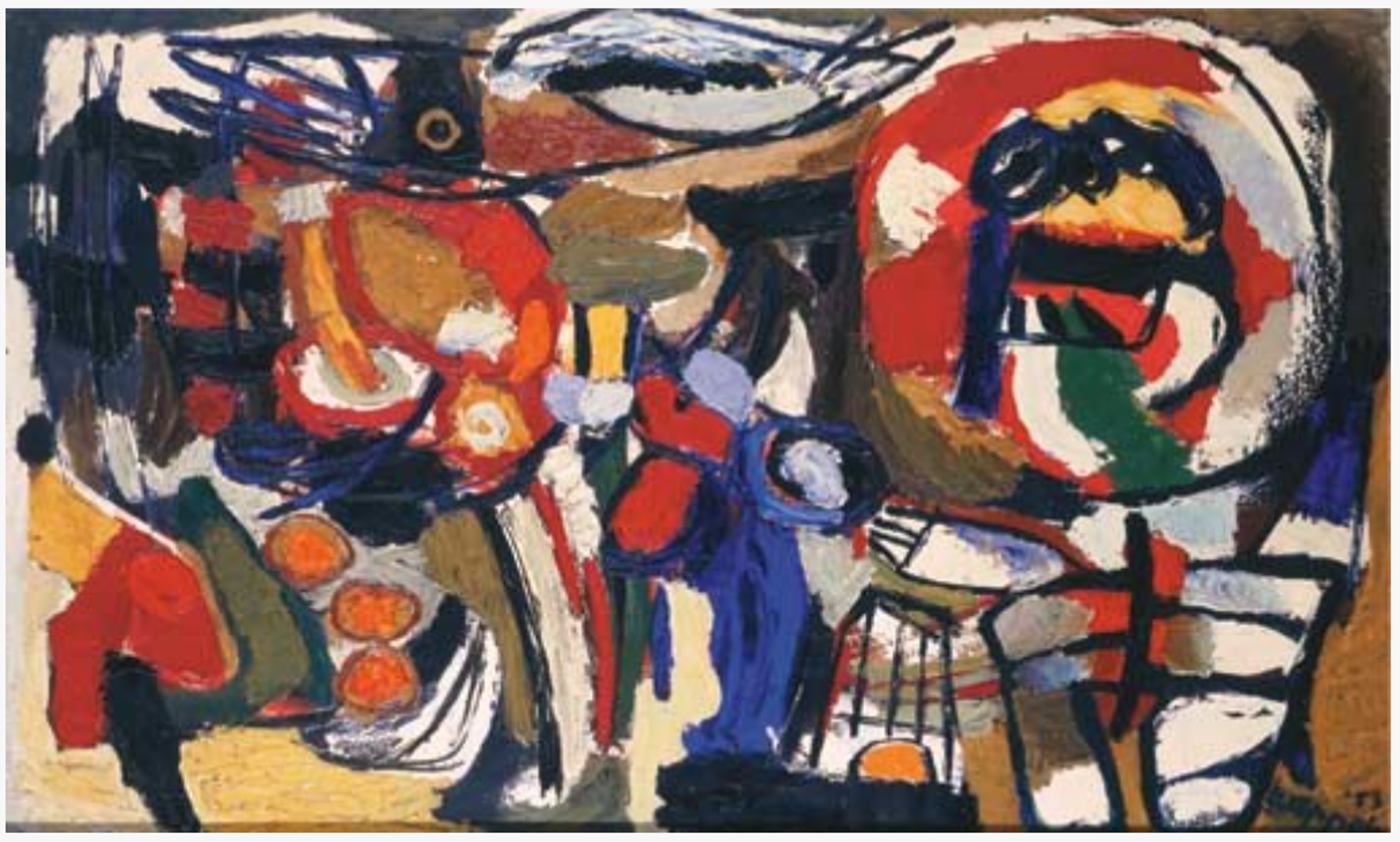 Bold abstract painting with curved organic shapes in red, orange, white, blue, and black creating a sense of movement. Circular shapes suggest the eyes and faces of animal forms.