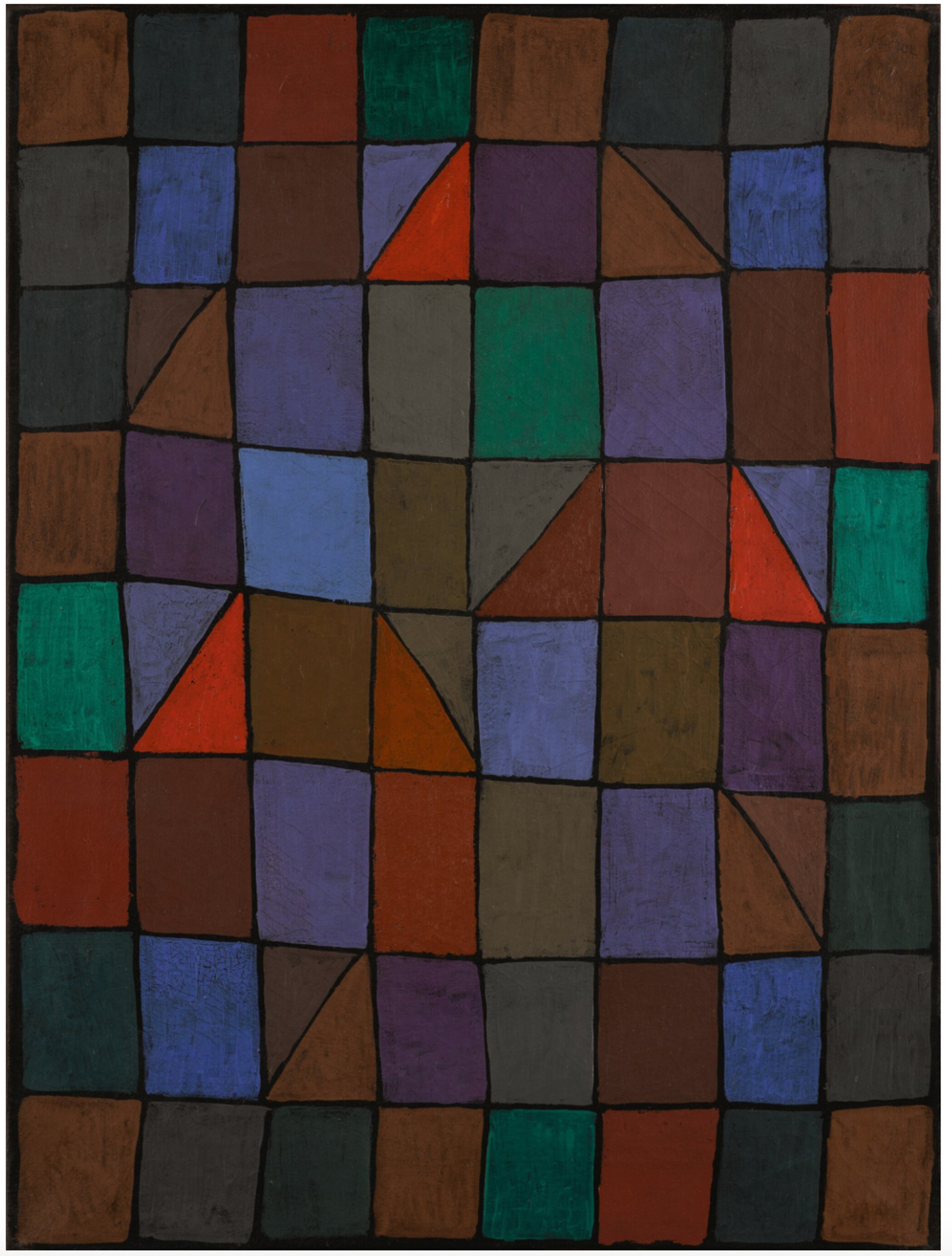 A painting featuring a grid of coloured squares in deep reds, blues, greens, and browns, evoking the atmosphere of dusk; the style is geometric abstraction, emphasising harmonious colour relationships.