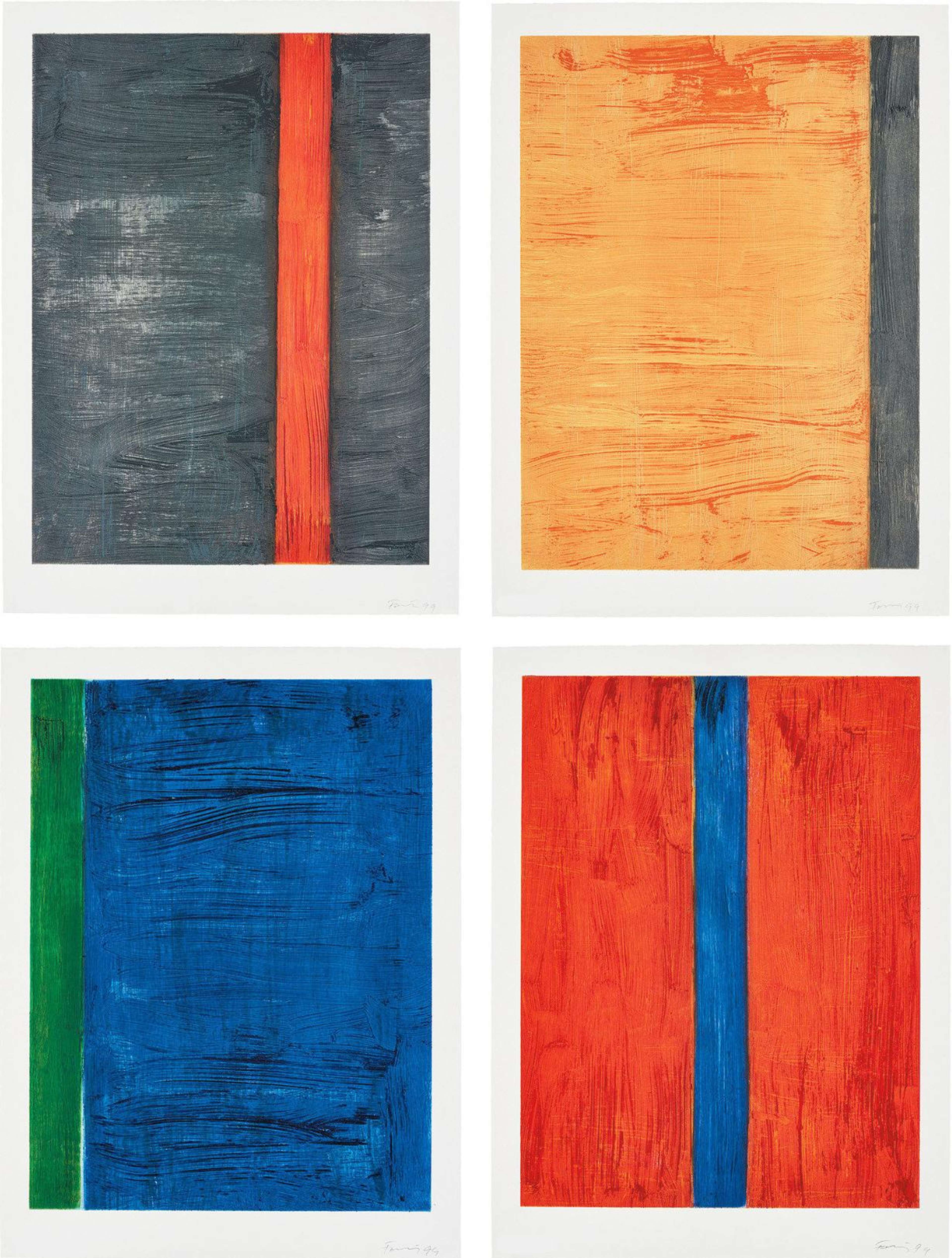 Un ensemble de quatre estampes, chacune composée de deux couleurs. La première couleur couvre la majeure partie de chaque estampe, tandis que la seconde forme une bande verticale épaisse placée à des positions variables sur chaque pièce. Les couleurs de chaque estampe sont les suivantes : gris et rouge, orange et gris, bleu et vert, rouge et bleu.