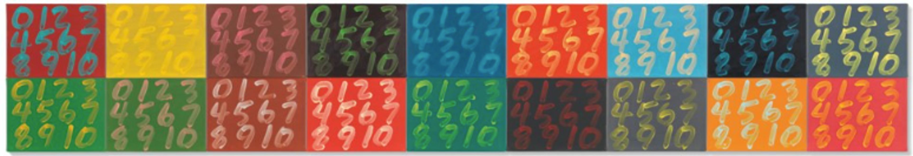 Une toile de grande envergure composée de 18 panneaux carrés, chaque panneau présentant une couleur différente. Les chiffres de 0 à 10 sont affichés sur chaque panneau, chaque numéro étant coloré dans une nuance unique.