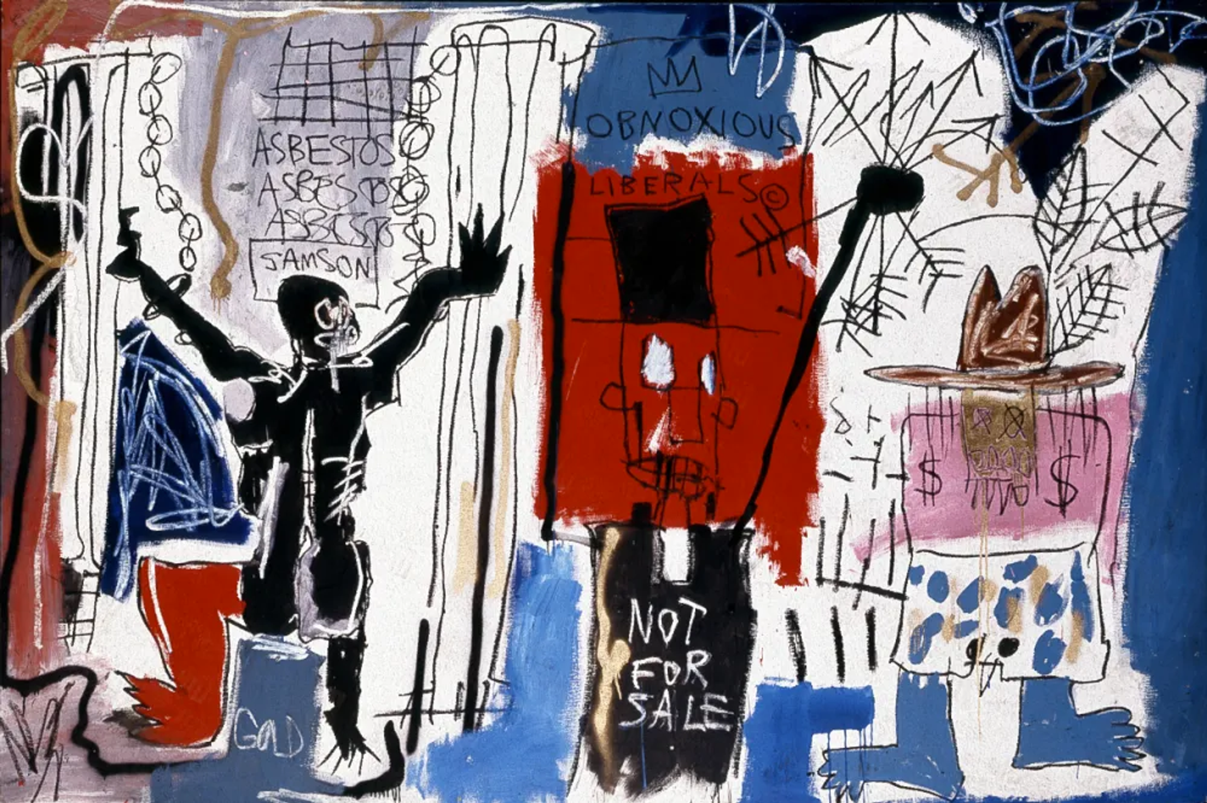 Cette œuvre de Basquiat présente plusieurs figures humaines aux bras levés. La palette chromatique est dominée par le blanc, le bleu et le rouge.