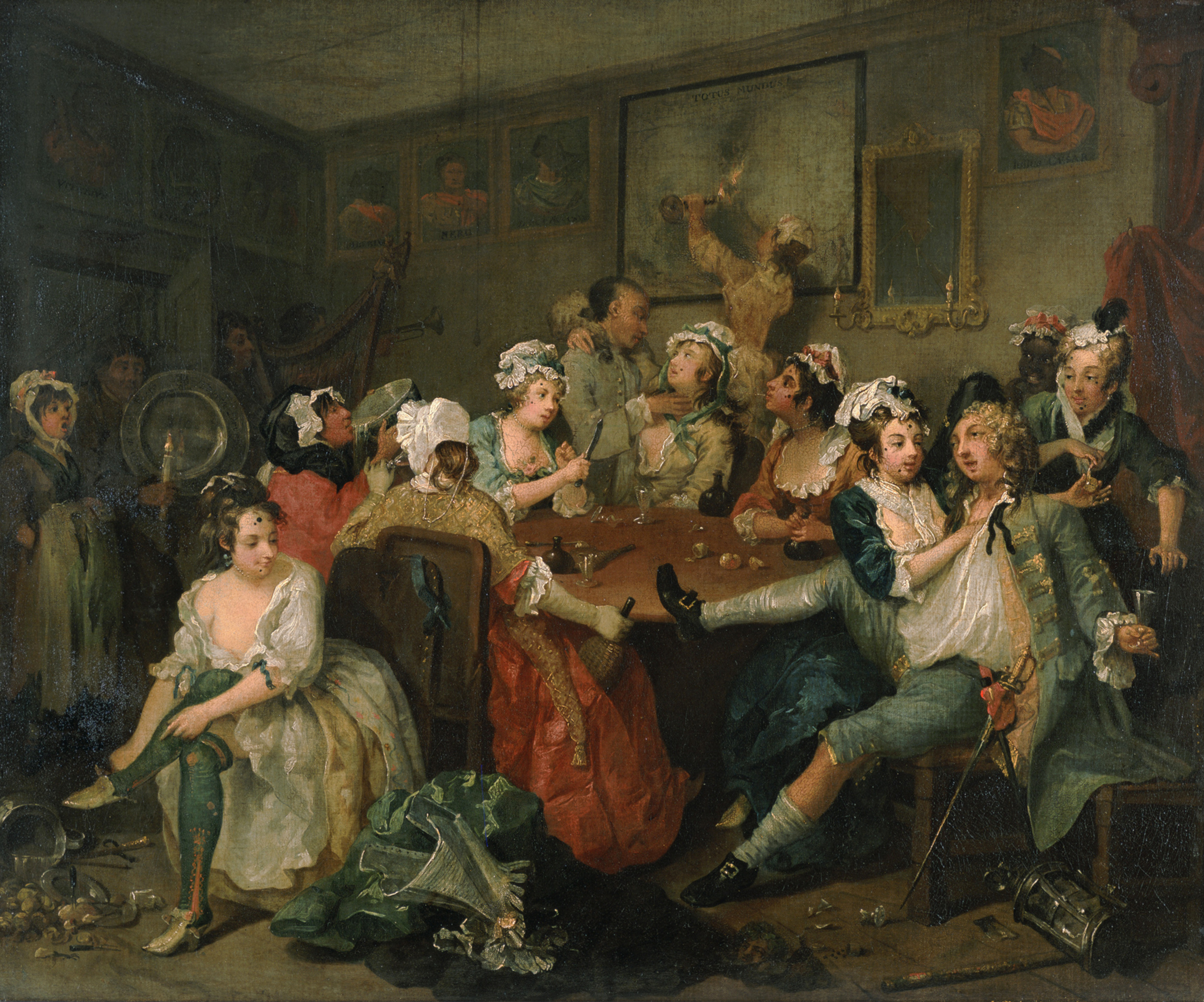 Une image de la scène trois de *Harlot's Progress* (La Carrière d'un libertin) de Hogarth, qui dépeint une scène tumultueuse dans ce qui est à la fois un bordel et le restaurant Rose Tavern. Le protagoniste, Tom, est montré ivre, son épée à ses côtés et entouré de prostituées. Il est affalé sur une chaise, un pied sur une table. À côté de lui se trouvent une badine et une lanterne, qu'il a dérobées lors de ses errances nocturnes dans les rues. Deux des femmes lui dérobent sa montre. Une chanteuse des rues apparaît dans l'encadrement de la porte.