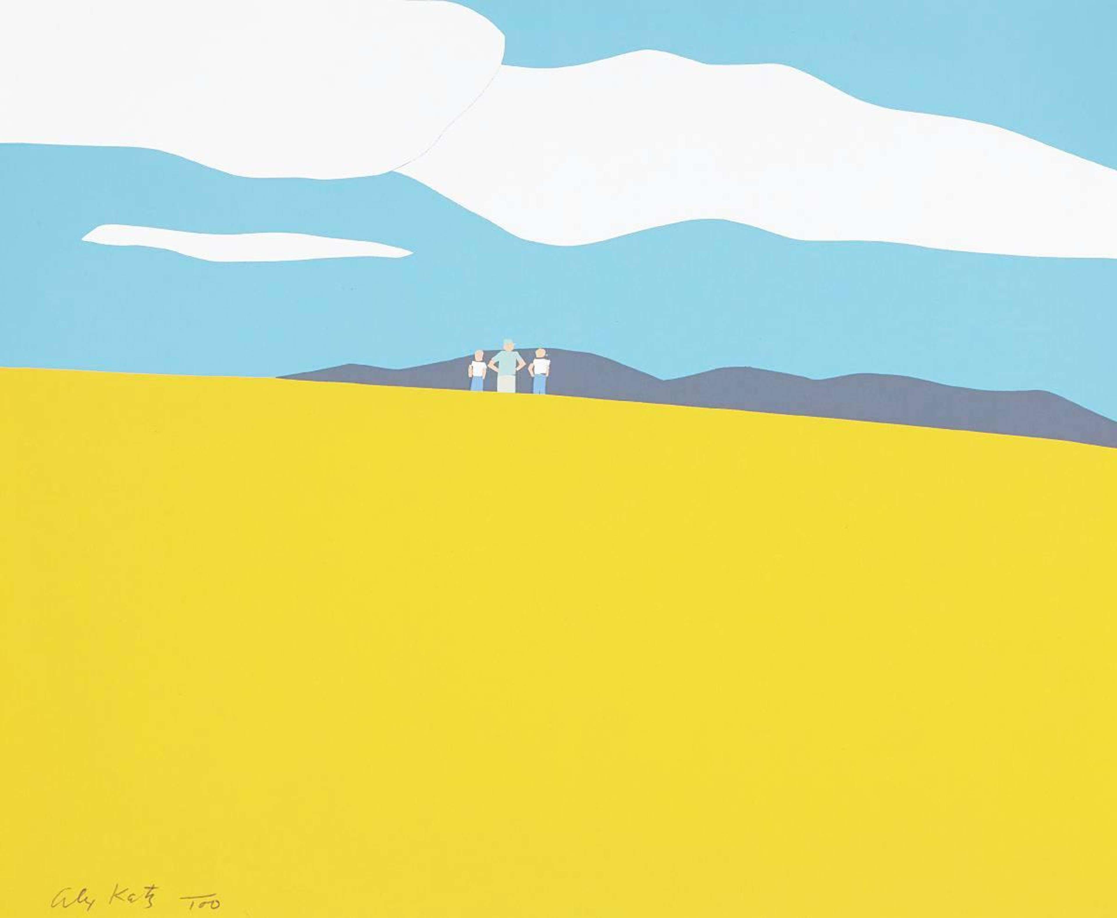Flat yellow landscape with three far away figures looking at a bright blue sky 