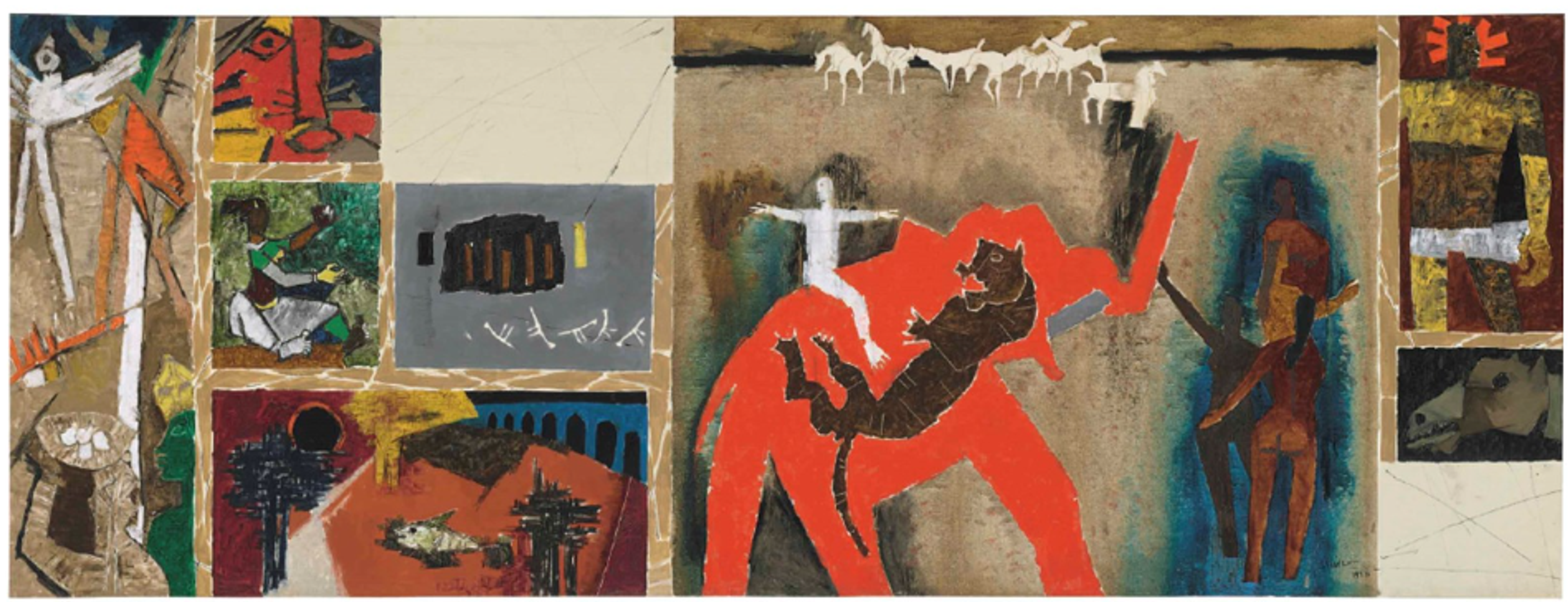 A complex arrangement of simplified human figures and scenes in cells or boxes against a neutral background. The composition uses a limited palette dominated by earth tones with strategic colour accents. Figures appear to be engaged in everyday rural activities, but with at least one angelic form on the far left and animals such as tigers in the central boxes.