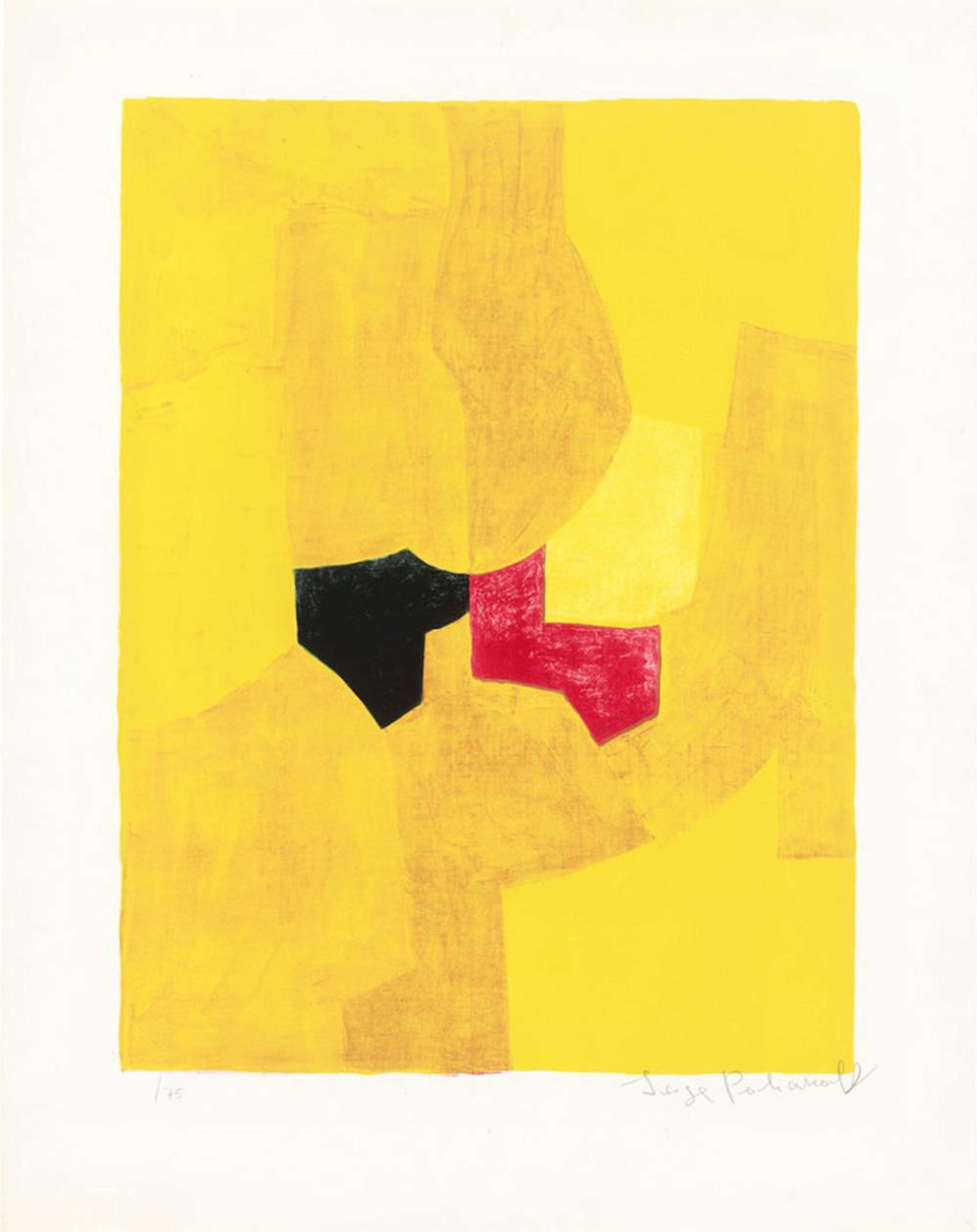 Composition au format portrait présentant des pièces dessinées librement, évoquant un puzzle. La plupart des pièces sont dans diverses nuances de jaune, mais deux pièces au centre sont noires et rouges.
