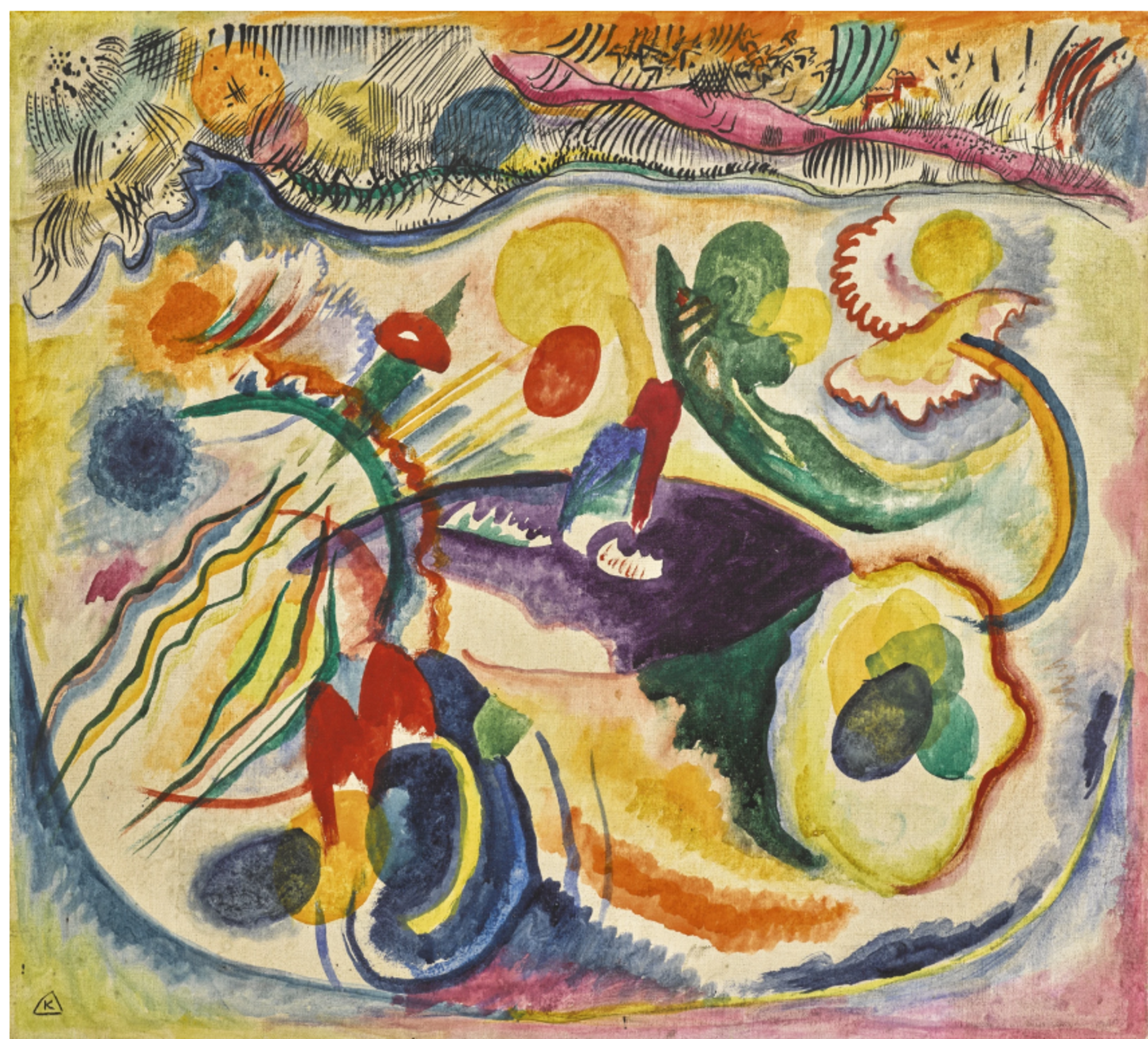 A swirling, energetic abstract composition with fluid, organic shapes in yellow, green, red, and blue. The painting features curved lines suggesting movement, circular elements, and flowing forms that appear to float and undulate across the canvas in a chaotic, dreamlike arrangement.